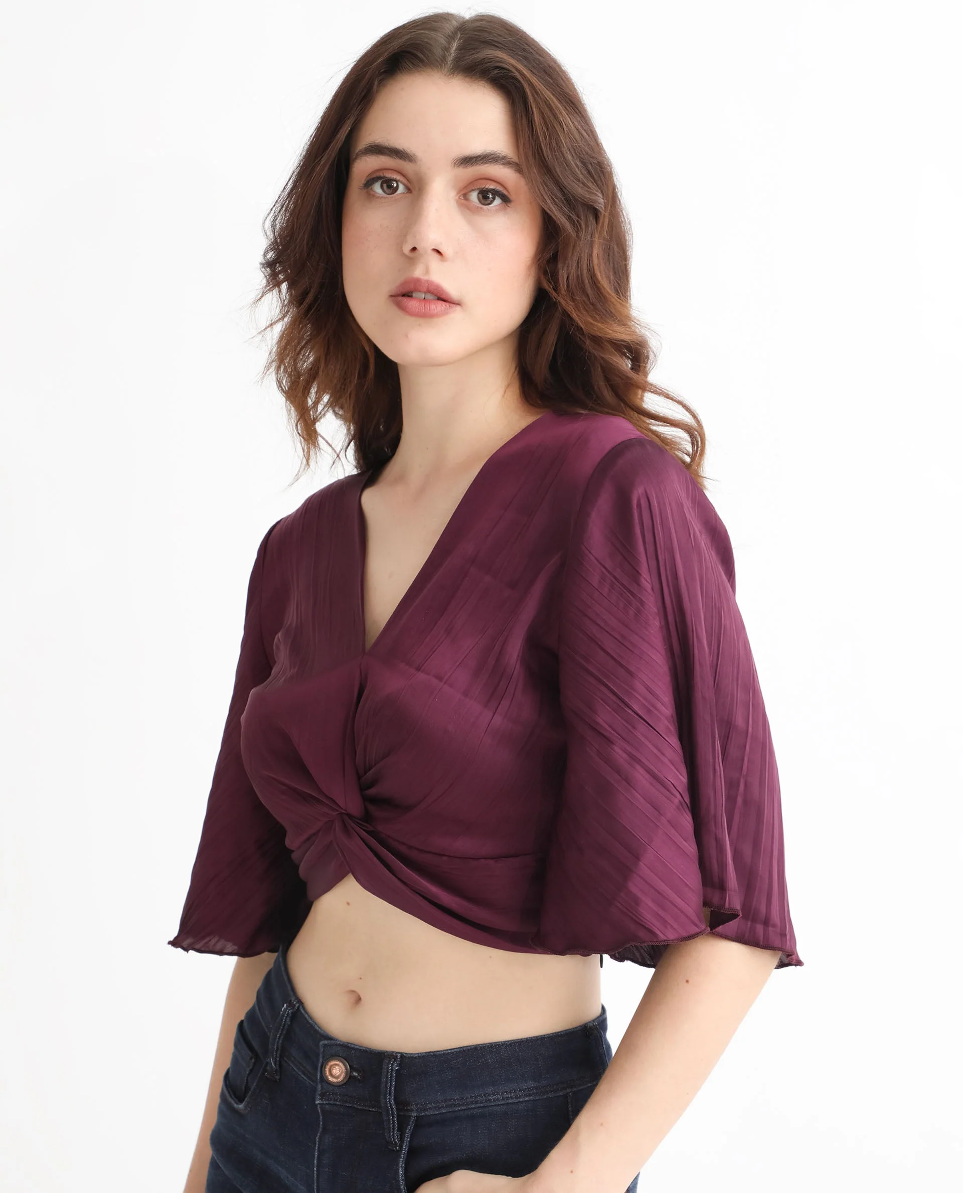 Rareism Women's Ainara Dark Purple Polyester V-Neck Plain Flared Sleeve Crop Regular Fit Top - Image 8