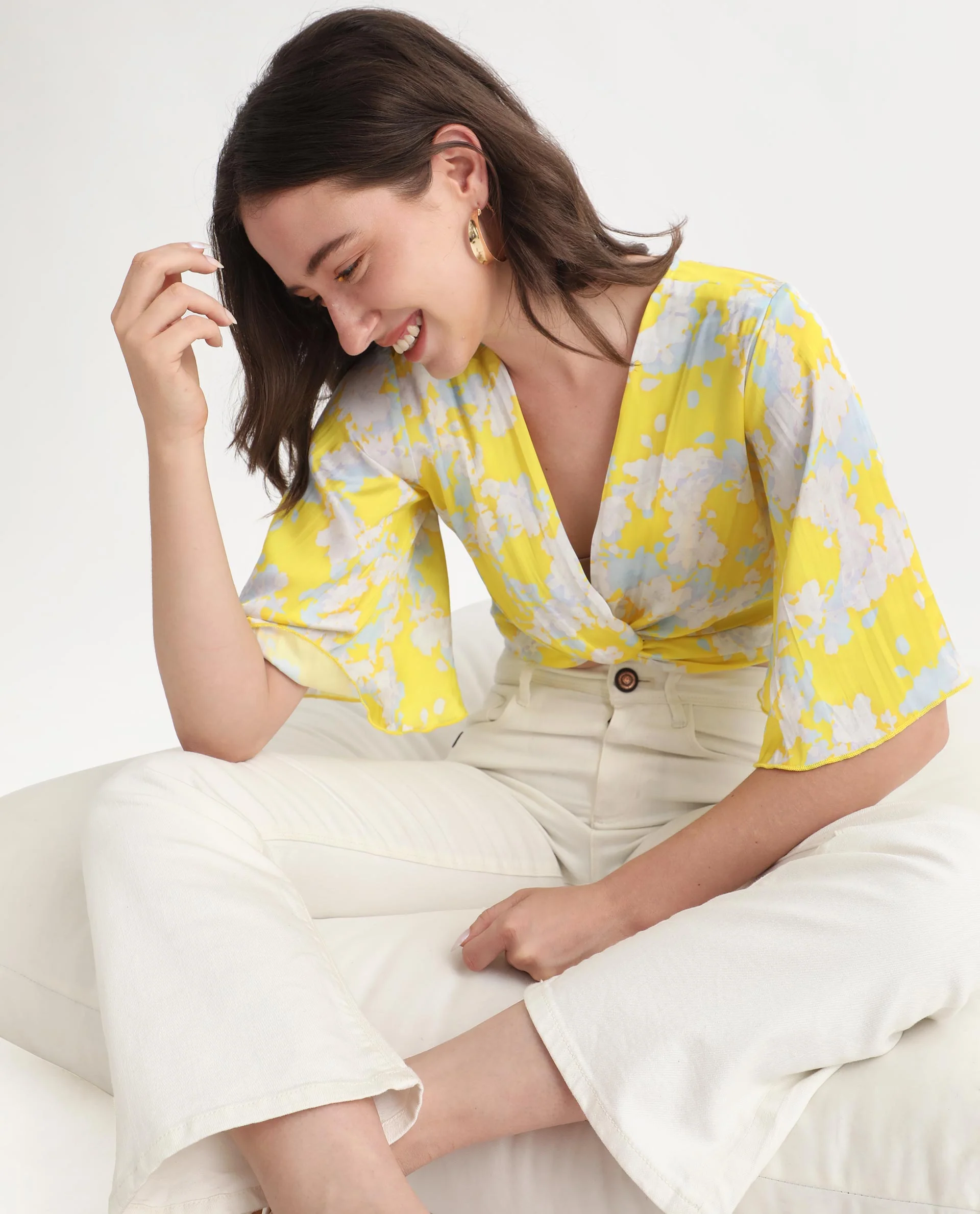 Rareism Women's Ainara Yellow Polyester V-Neck Abstract Print Flared Sleeve Crop Regular Fit Top
