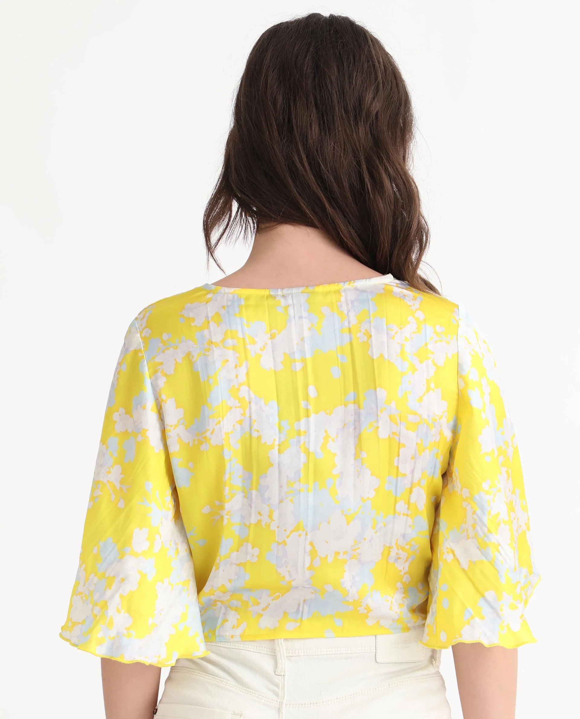 Rareism Women's Ainara Yellow Polyester V-Neck Abstract Print Flared Sleeve Crop Regular Fit Top - Image 10