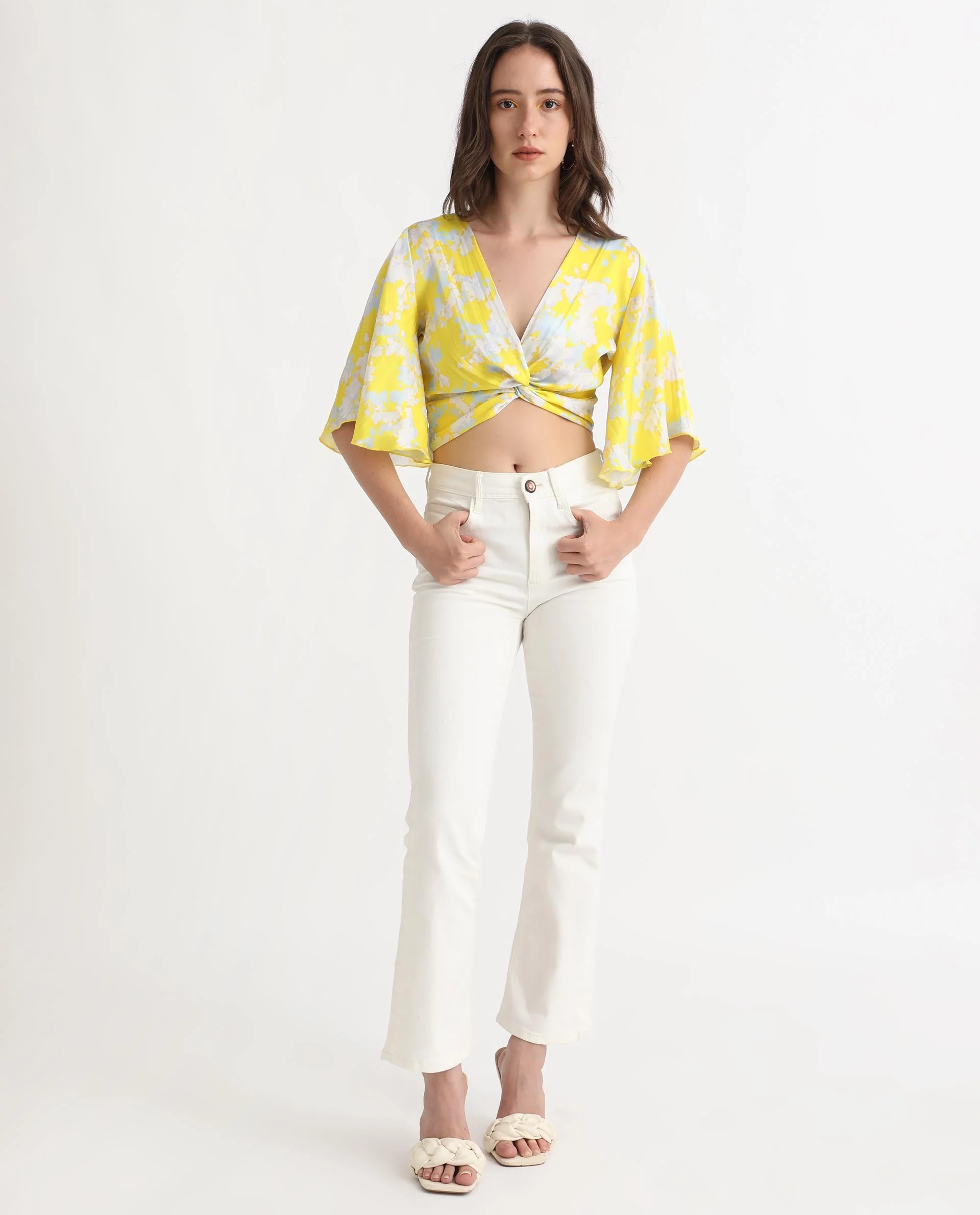 Rareism Women's Ainara Yellow Polyester V-Neck Abstract Print Flared Sleeve Crop Regular Fit Top - Image 2
