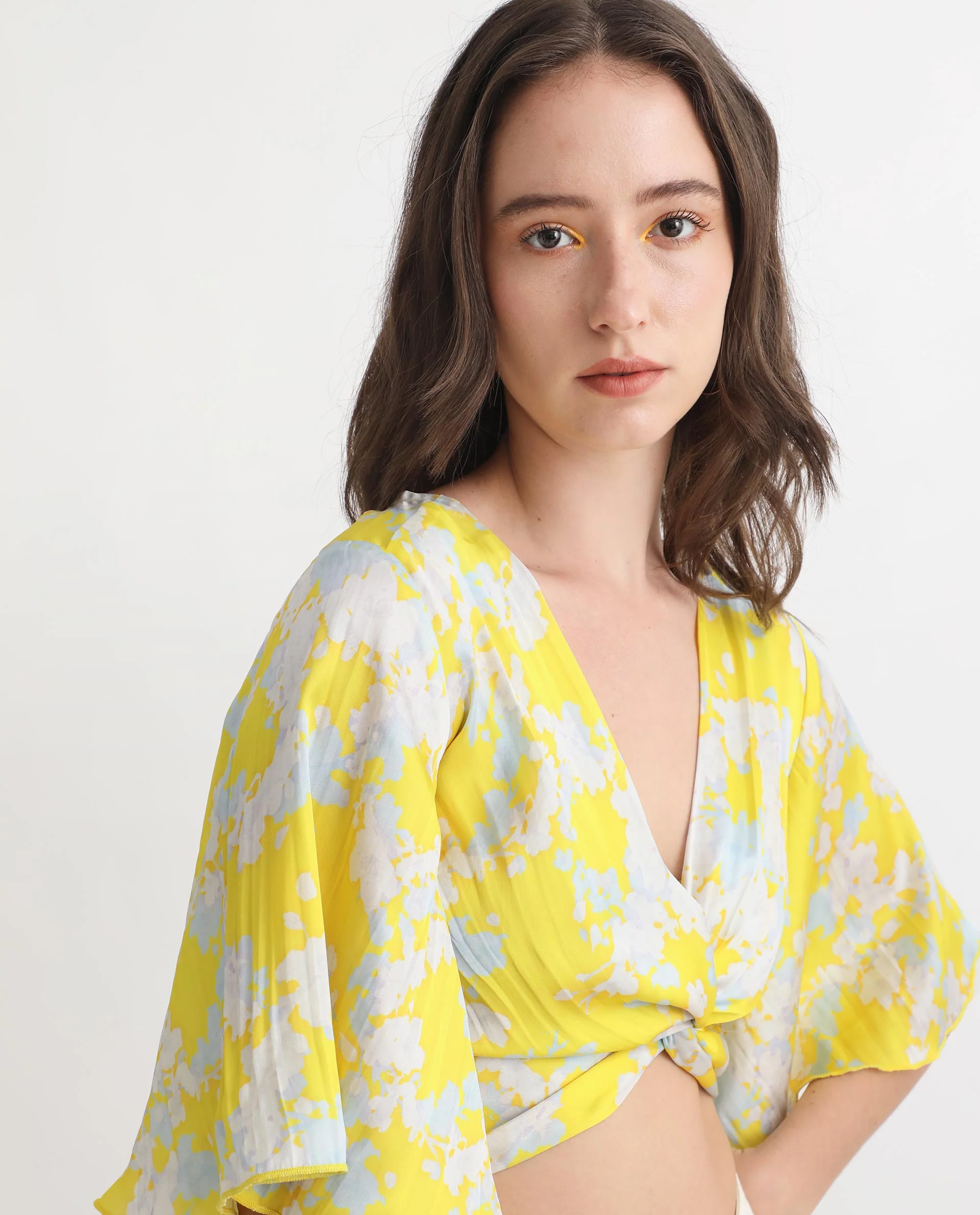 Rareism Women's Ainara Yellow Polyester V-Neck Abstract Print Flared Sleeve Crop Regular Fit Top - Image 3