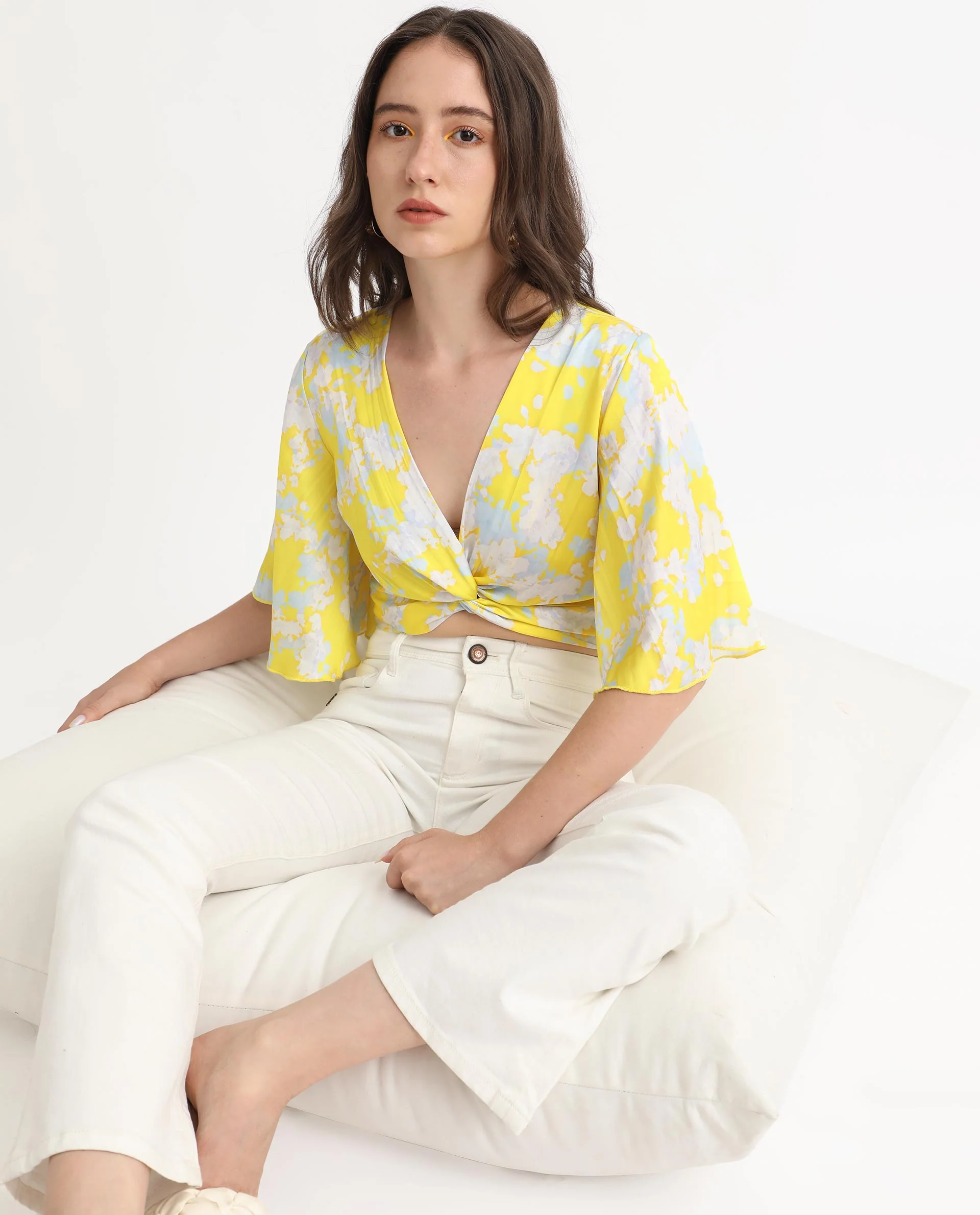 Rareism Women's Ainara Yellow Polyester V-Neck Abstract Print Flared Sleeve Crop Regular Fit Top - Image 4