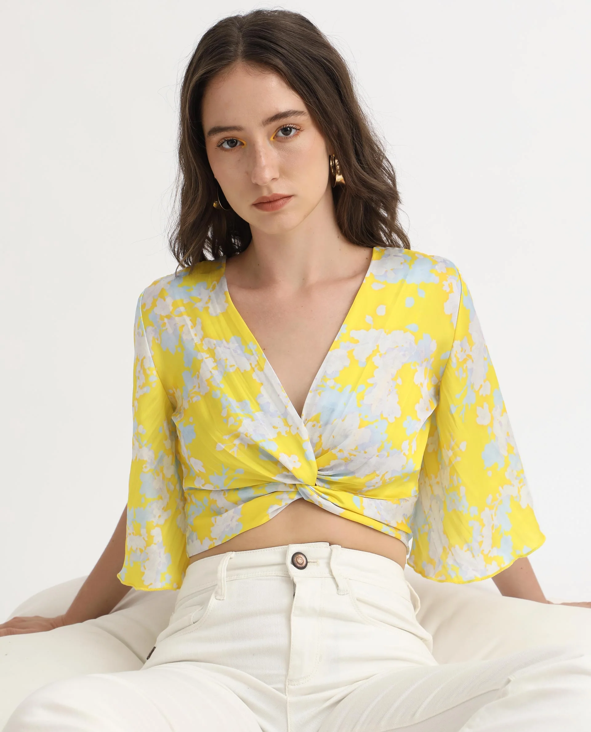 Rareism Women's Ainara Yellow Polyester V-Neck Abstract Print Flared Sleeve Crop Regular Fit Top - Image 5