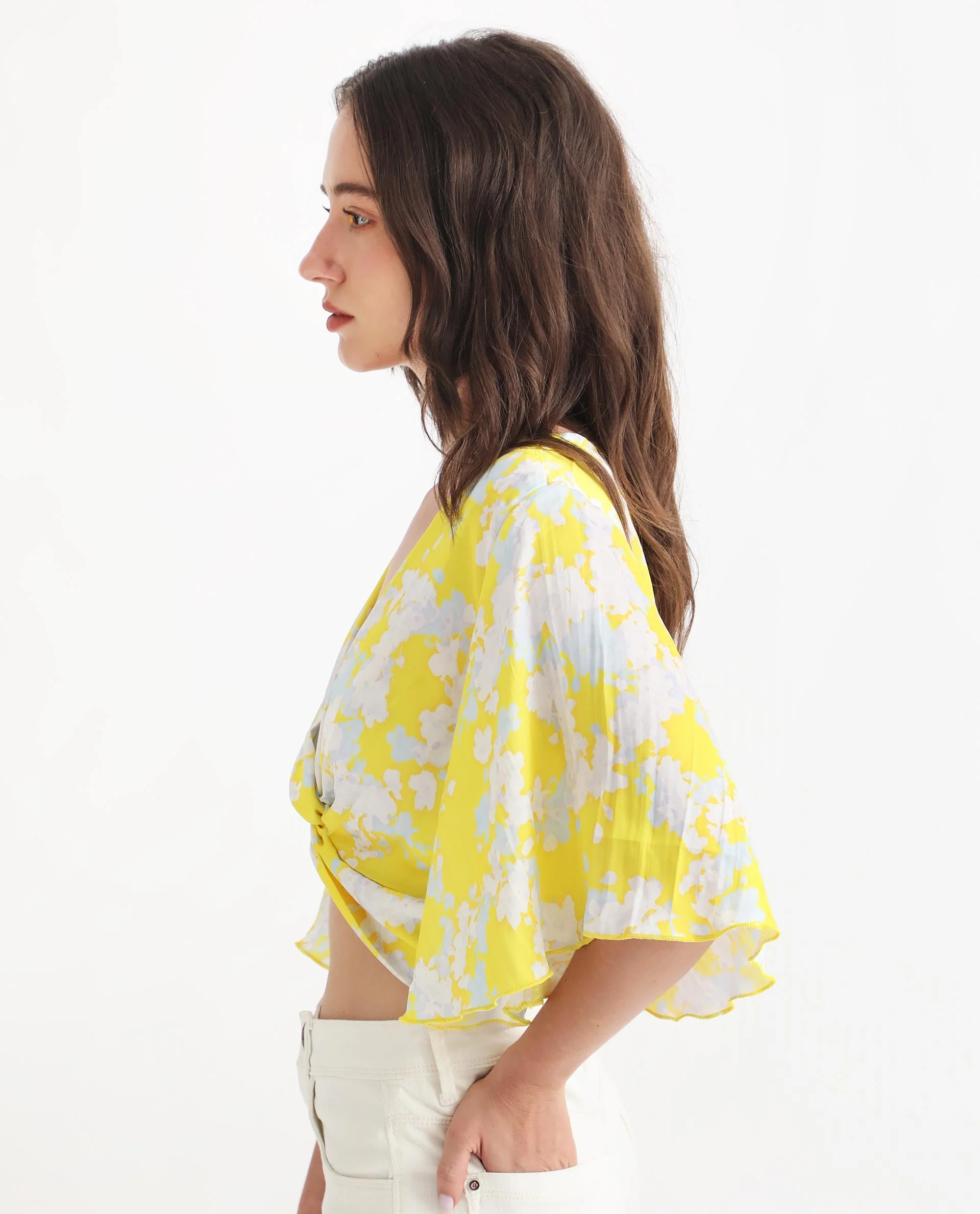 Rareism Women's Ainara Yellow Polyester V-Neck Abstract Print Flared Sleeve Crop Regular Fit Top - Image 6