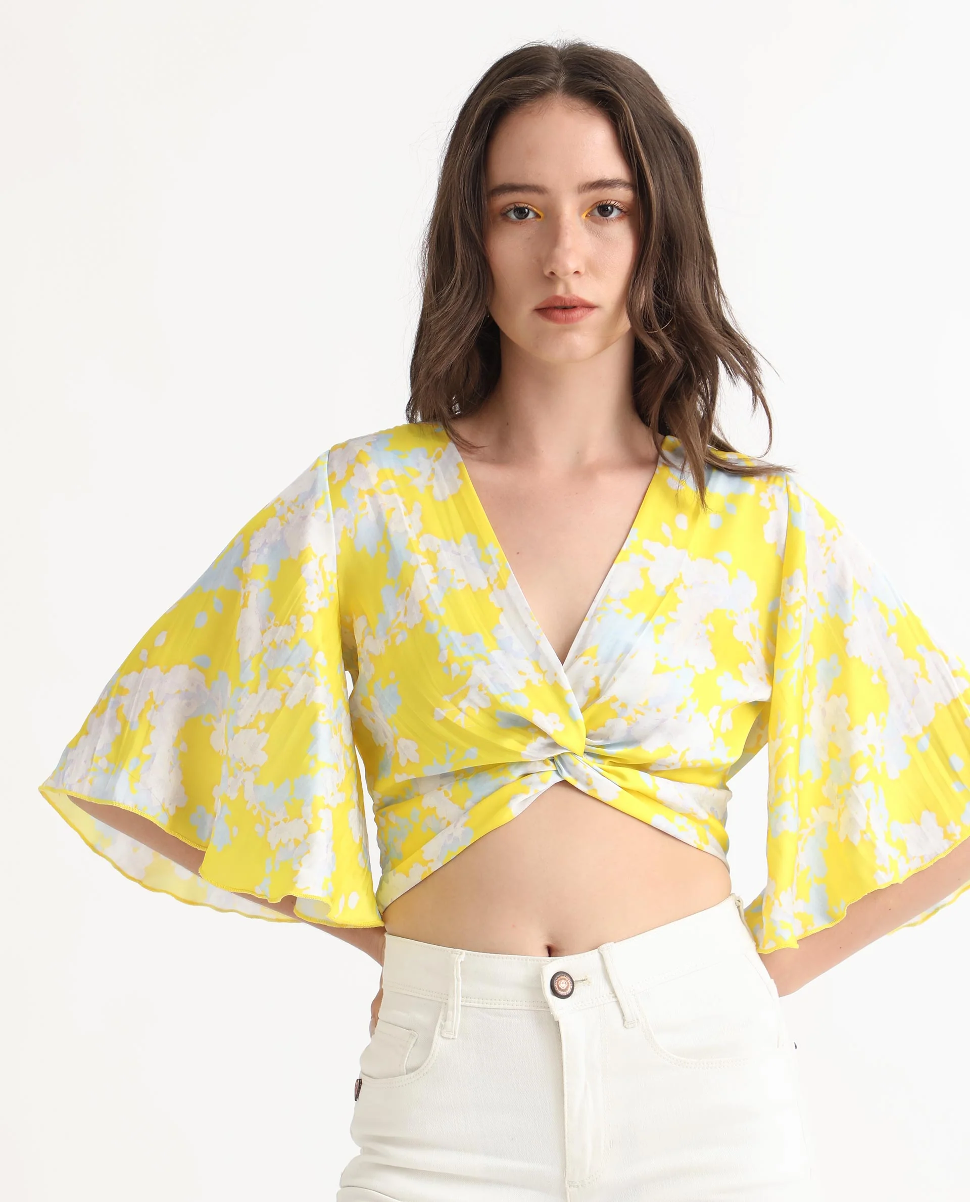 Rareism Women's Ainara Yellow Polyester V-Neck Abstract Print Flared Sleeve Crop Regular Fit Top - Image 7