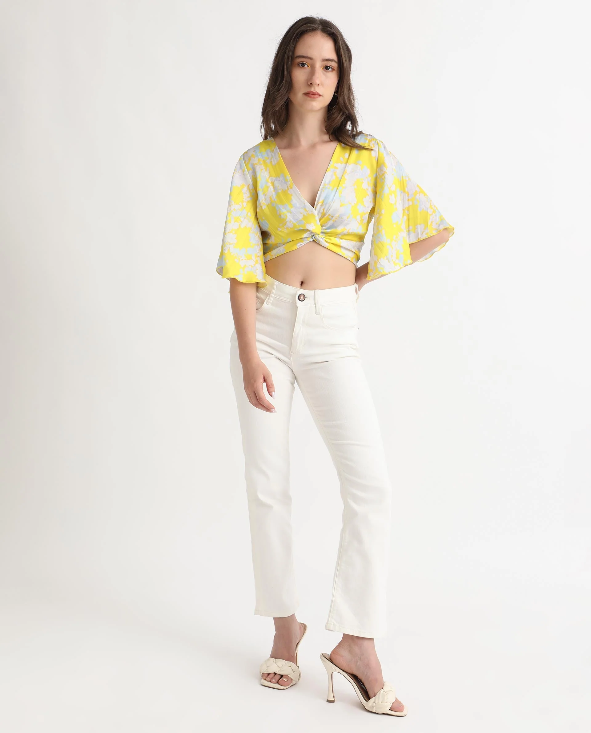 Rareism Women's Ainara Yellow Polyester V-Neck Abstract Print Flared Sleeve Crop Regular Fit Top - Image 8