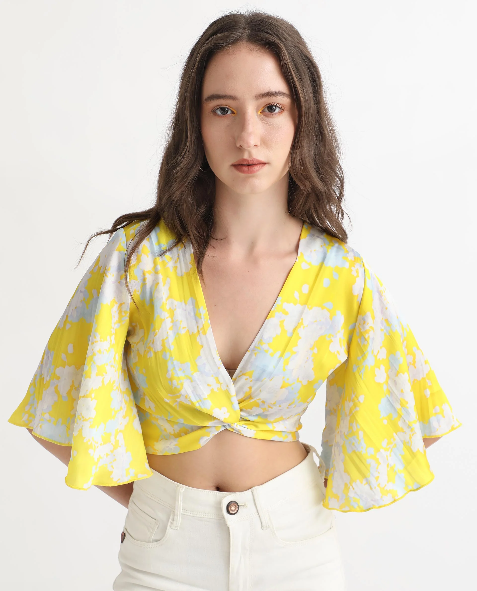 Rareism Women's Ainara Yellow Polyester V-Neck Abstract Print Flared Sleeve Crop Regular Fit Top - Image 9