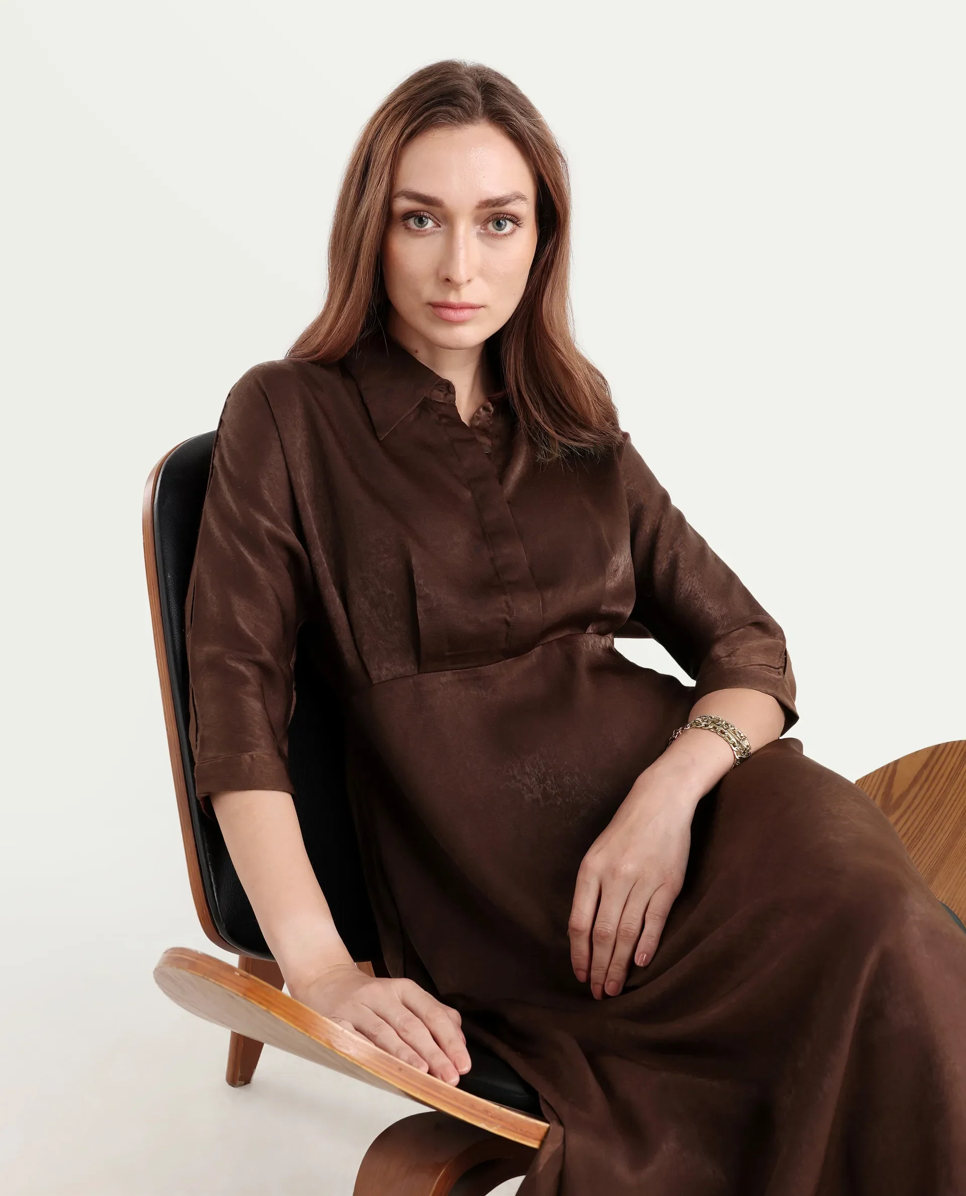 Rareism Women's Airbaz Brown Velvet Drop Collar Plain Kimono Sleeve Midi A-Line Dress - Image 2