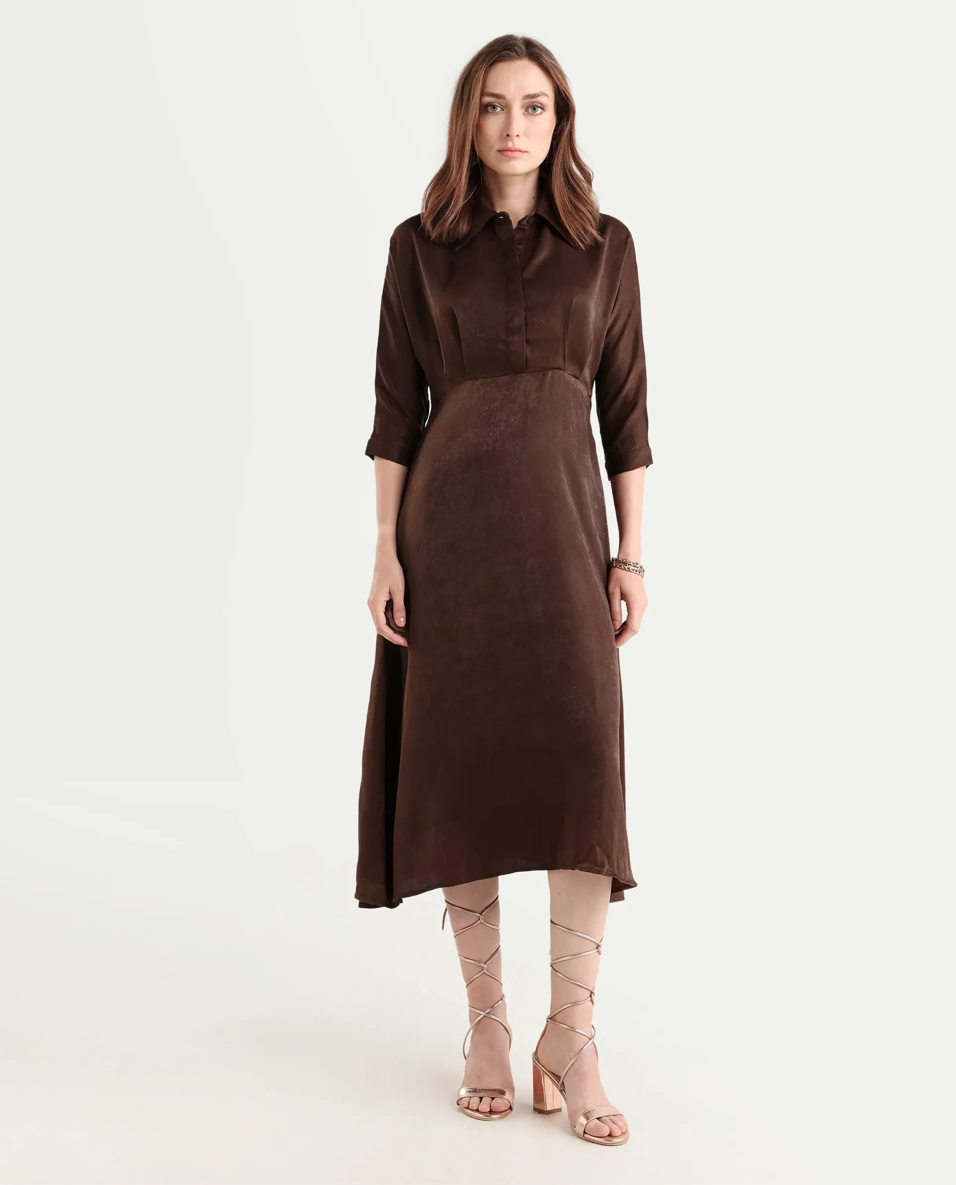Rareism Women's Airbaz Brown Velvet Drop Collar Plain Kimono Sleeve Midi A-Line Dress - Image 3