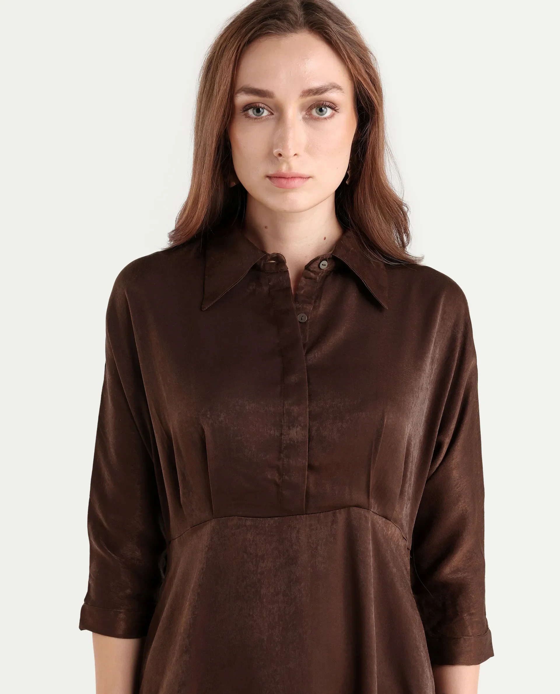 Rareism Women's Airbaz Brown Velvet Drop Collar Plain Kimono Sleeve Midi A-Line Dress - Image 4