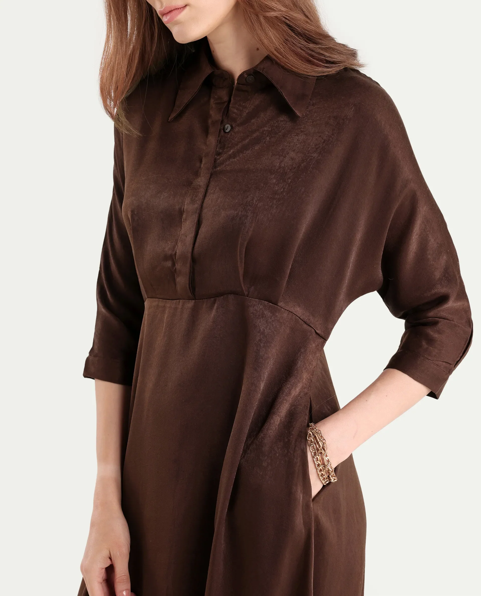 Rareism Women's Airbaz Brown Velvet Drop Collar Plain Kimono Sleeve Midi A-Line Dress - Image 5