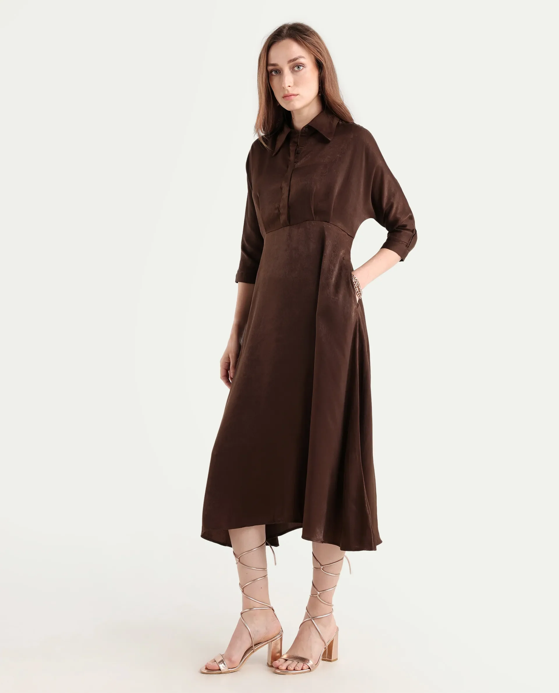 Rareism Women's Airbaz Brown Velvet Drop Collar Plain Kimono Sleeve Midi A-Line Dress - Image 6