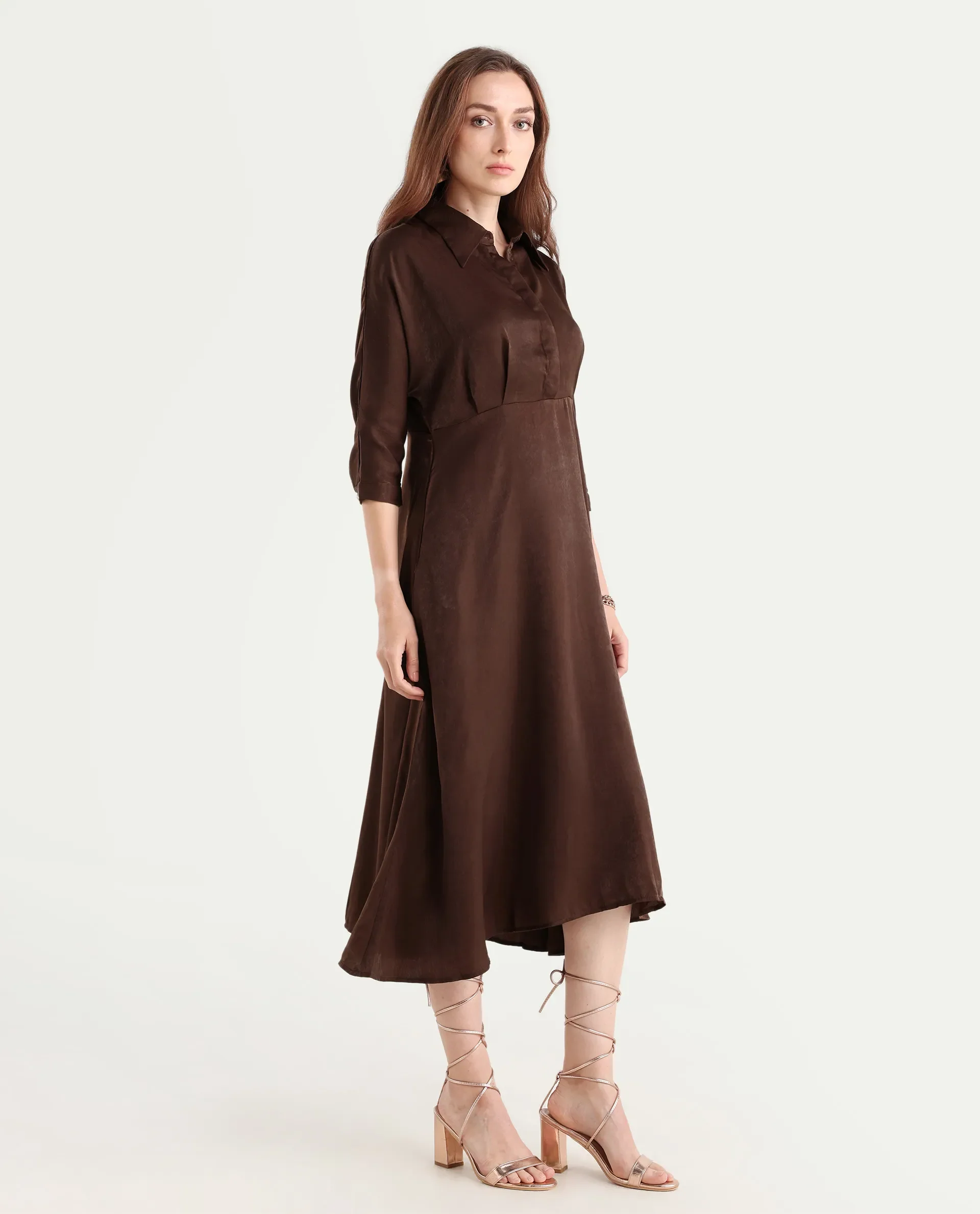 Rareism Women's Airbaz Brown Velvet Drop Collar Plain Kimono Sleeve Midi A-Line Dress - Image 7