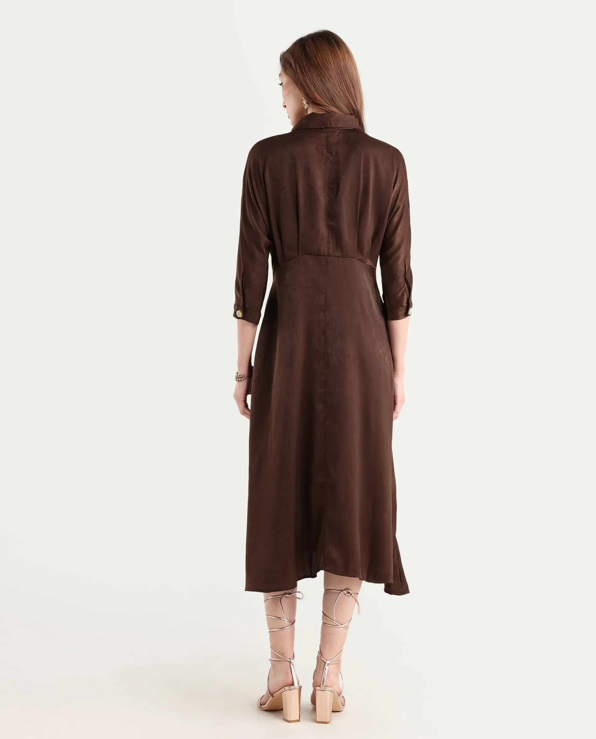 Rareism Women's Airbaz Brown Velvet Drop Collar Plain Kimono Sleeve Midi A-Line Dress - Image 8