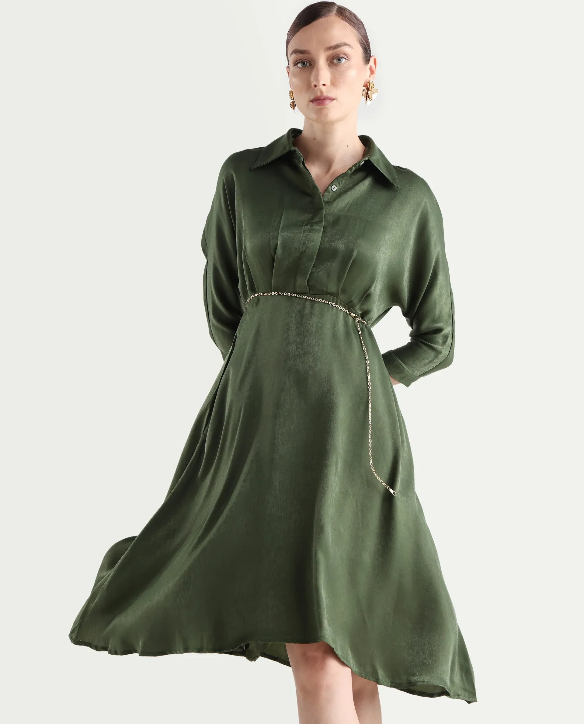 Rareism Women's Airbaz Olive Velvet Spread Collar Plain Kimono Sleeve Midi A-Line Dress - Image 2