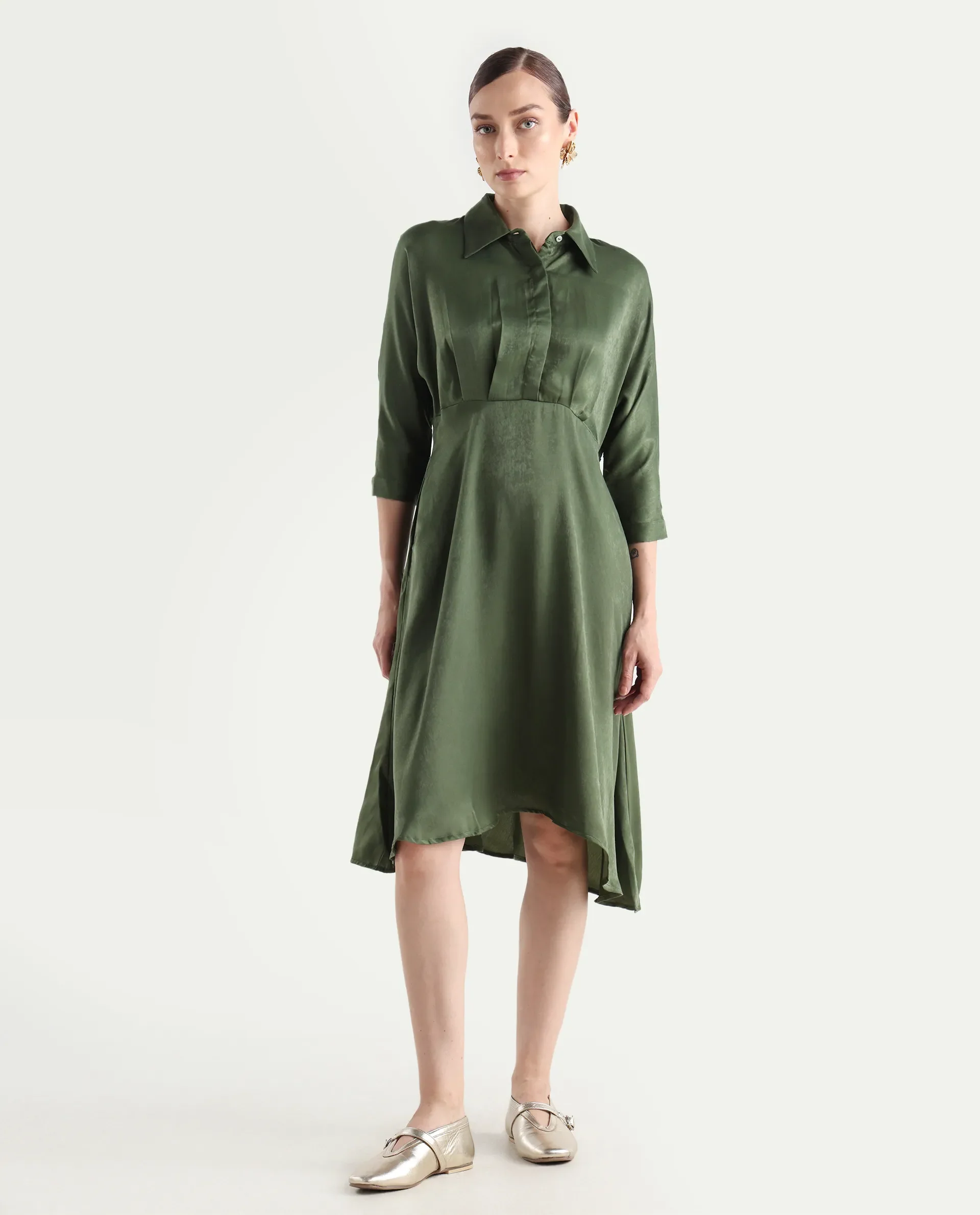 Rareism Women's Airbaz Olive Velvet Spread Collar Plain Kimono Sleeve Midi A-Line Dress - Image 3