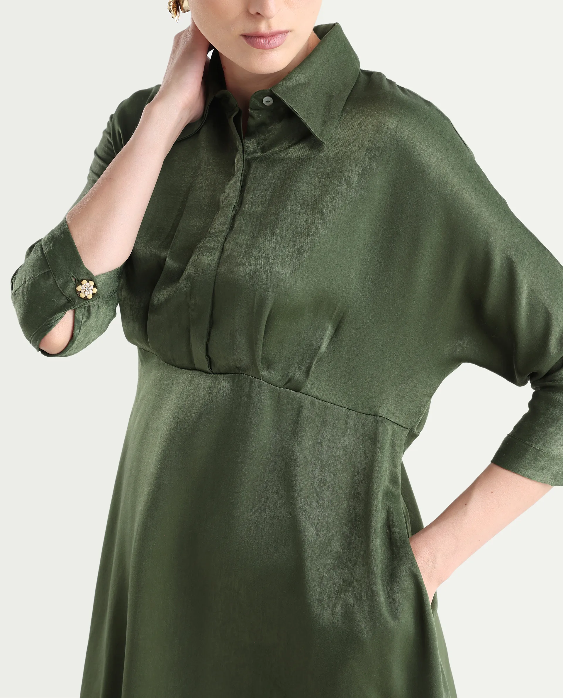 Rareism Women's Airbaz Olive Velvet Spread Collar Plain Kimono Sleeve Midi A-Line Dress - Image 5