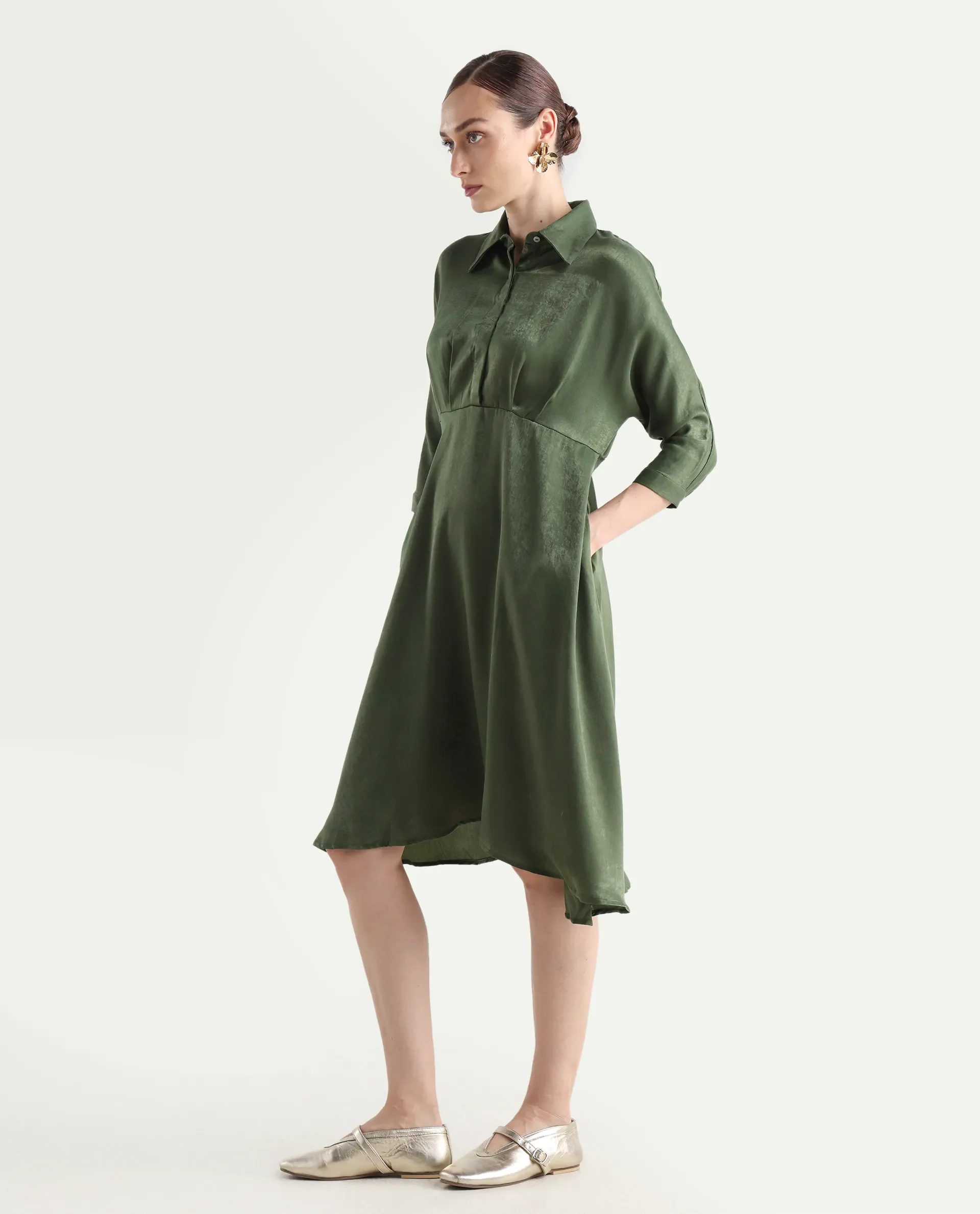 Rareism Women's Airbaz Olive Velvet Spread Collar Plain Kimono Sleeve Midi A-Line Dress - Image 6