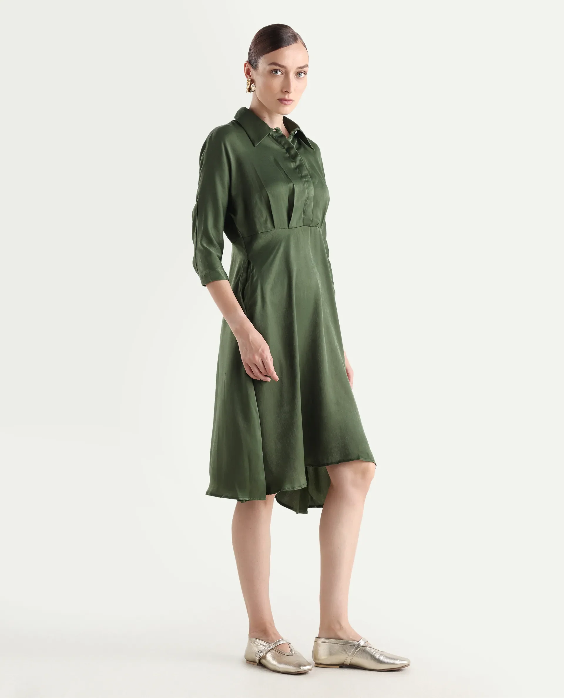 Rareism Women's Airbaz Olive Velvet Spread Collar Plain Kimono Sleeve Midi A-Line Dress - Image 7