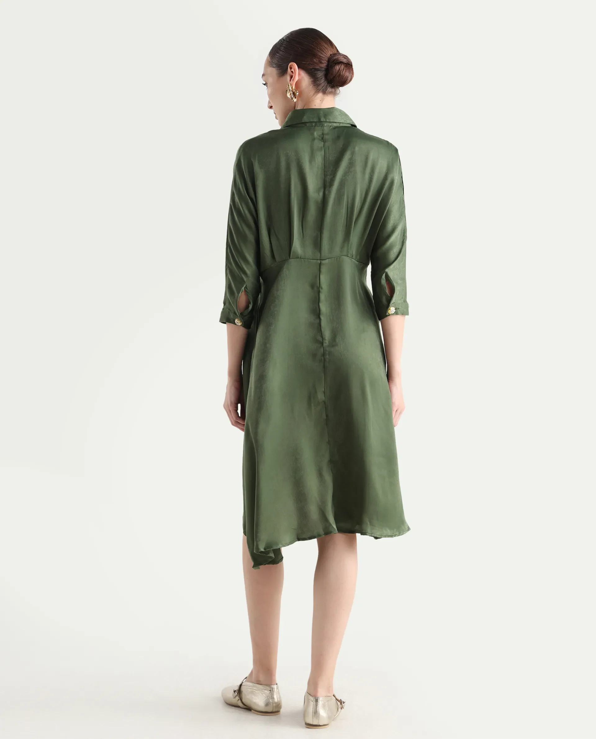 Rareism Women's Airbaz Olive Velvet Spread Collar Plain Kimono Sleeve Midi A-Line Dress - Image 8
