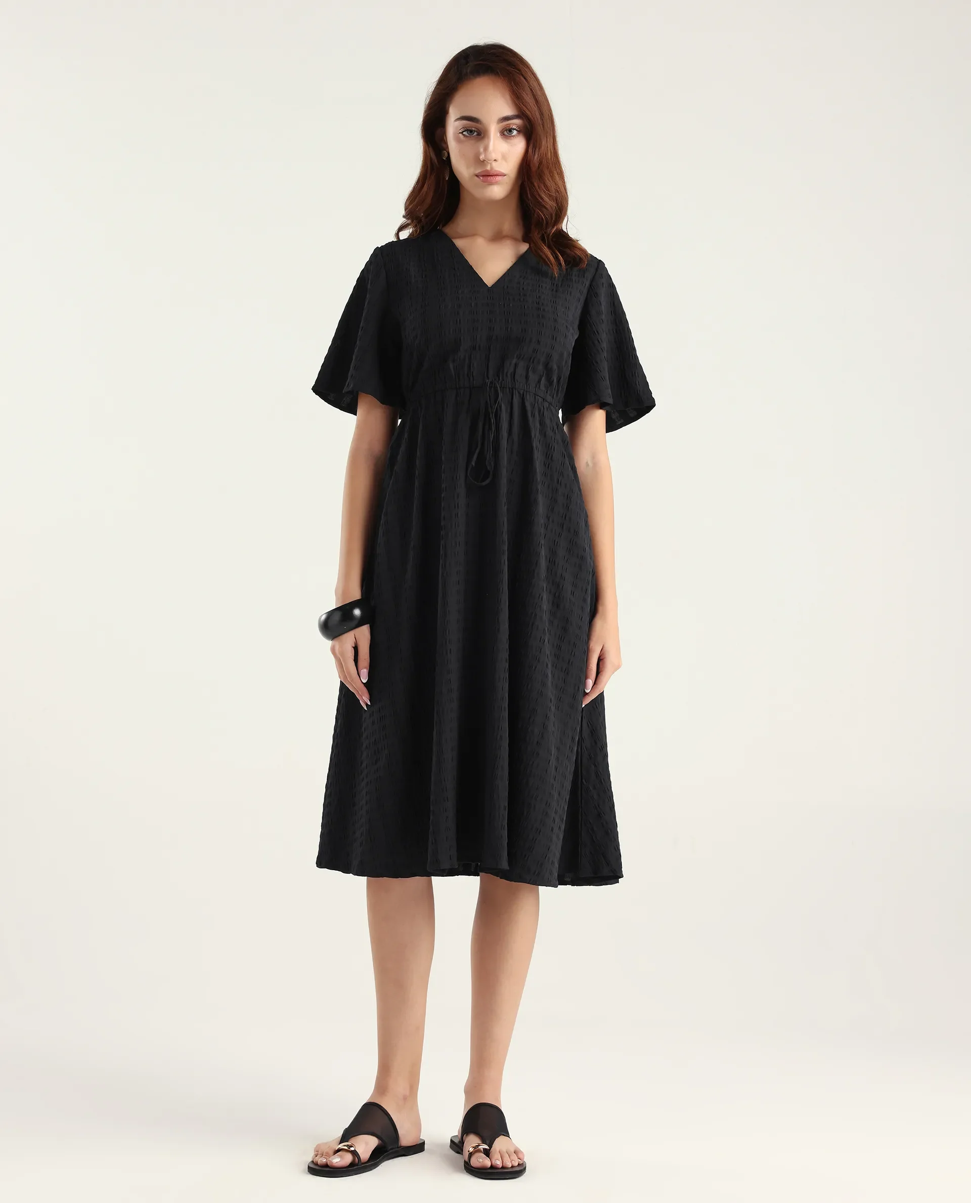 Rareism Women's Airin Black Polyester Half Sleeve V-Neck Flared Dress - Image 2