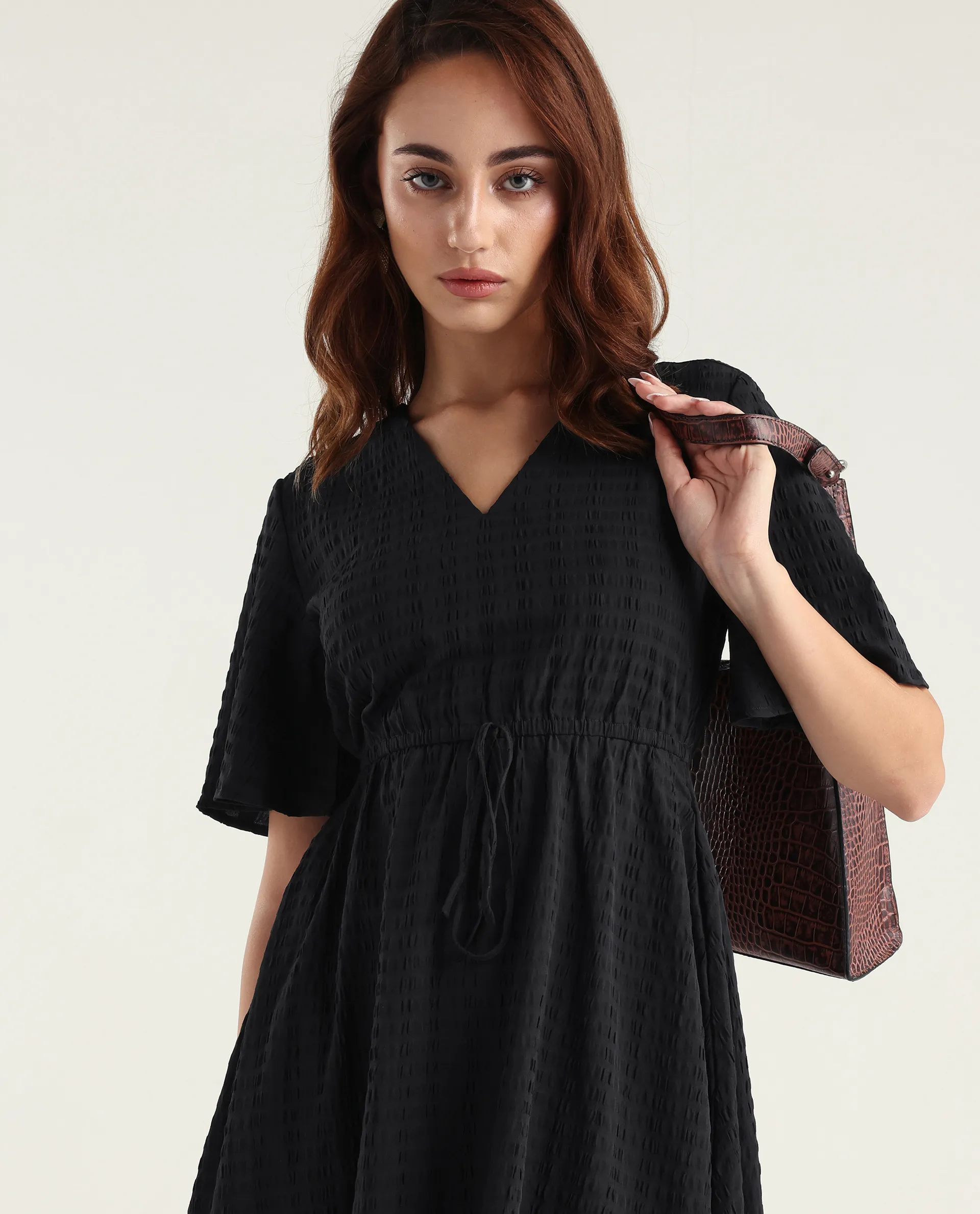 Rareism Women's Airin Black Polyester Half Sleeve V-Neck Flared Dress - Image 3