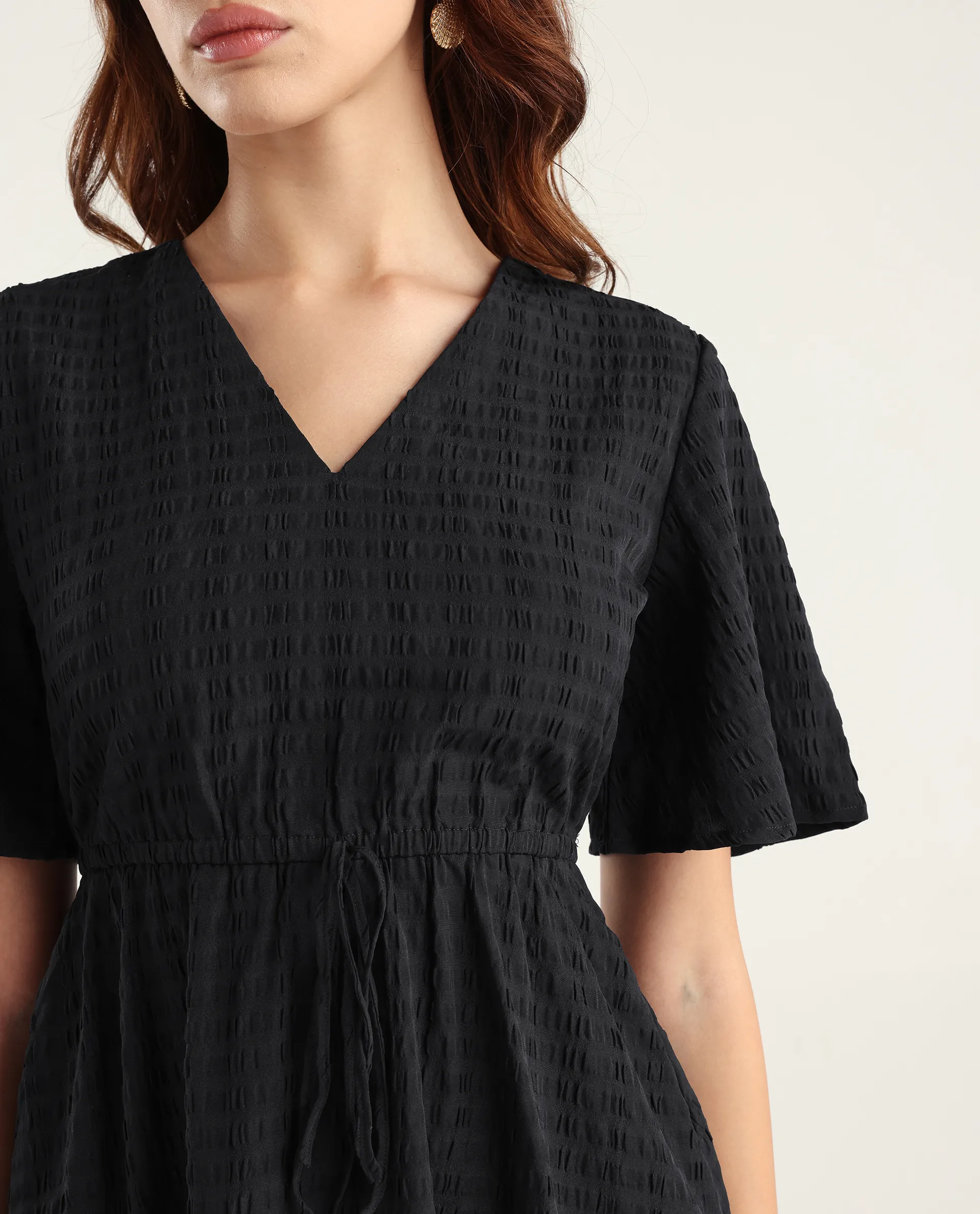 Rareism Women's Airin Black Polyester Half Sleeve V-Neck Flared Dress - Image 4