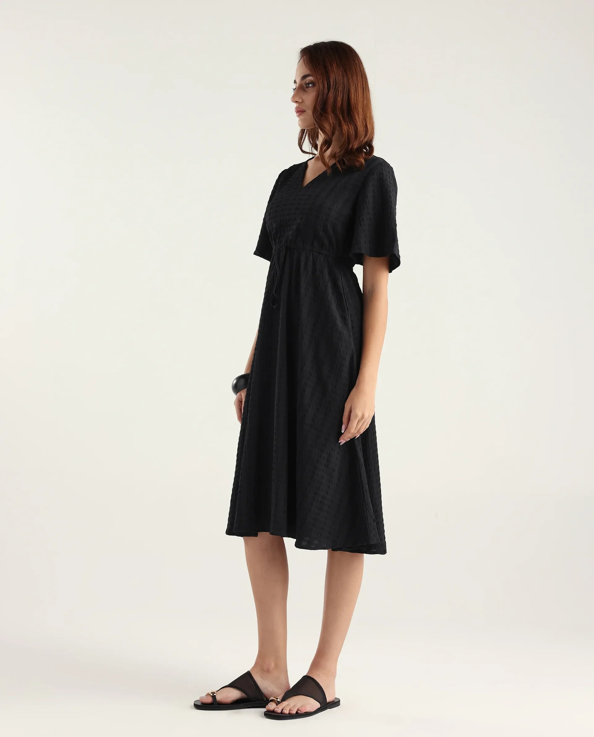 Rareism Women's Airin Black Polyester Half Sleeve V-Neck Flared Dress - Image 5