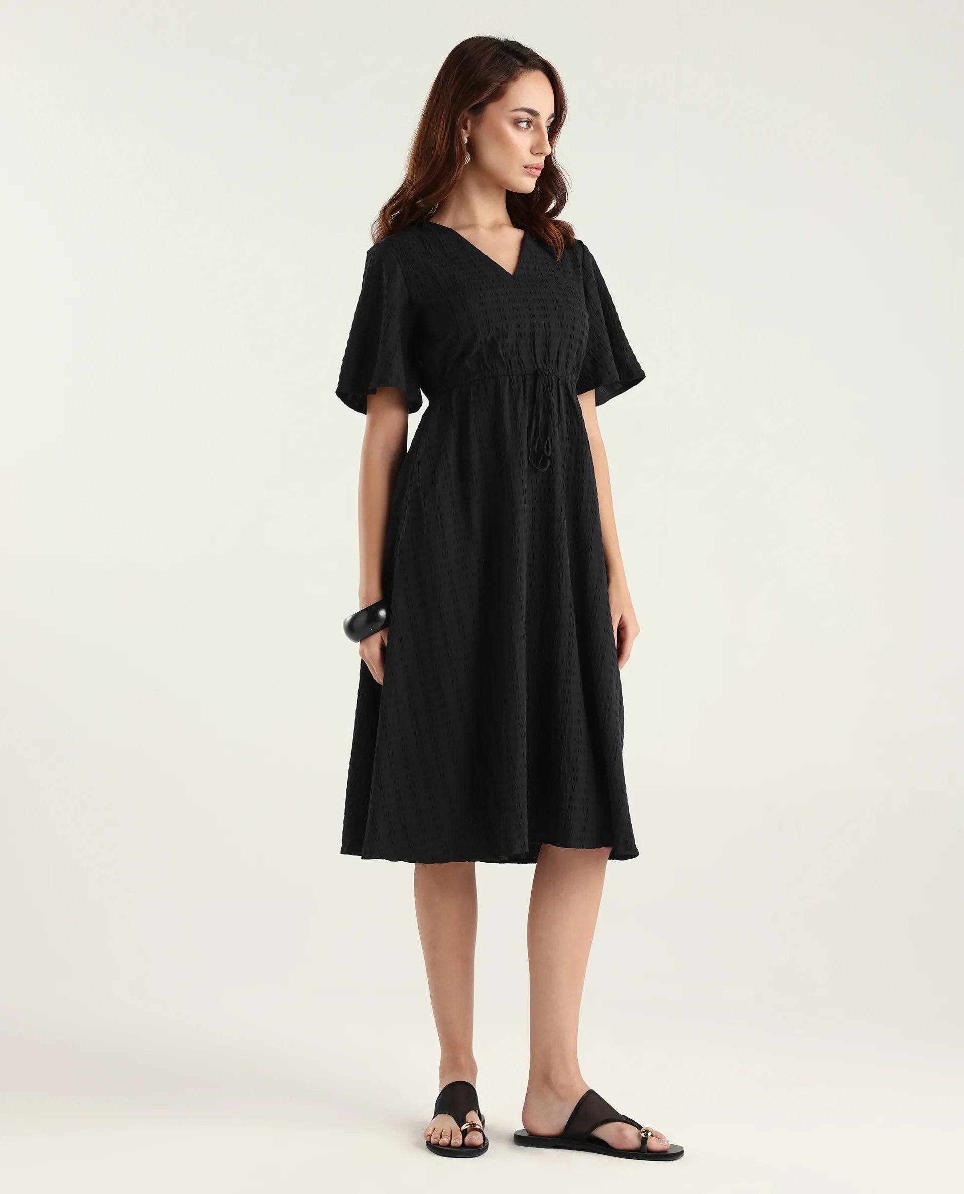 Rareism Women's Airin Black Polyester Half Sleeve V-Neck Flared Dress - Image 6