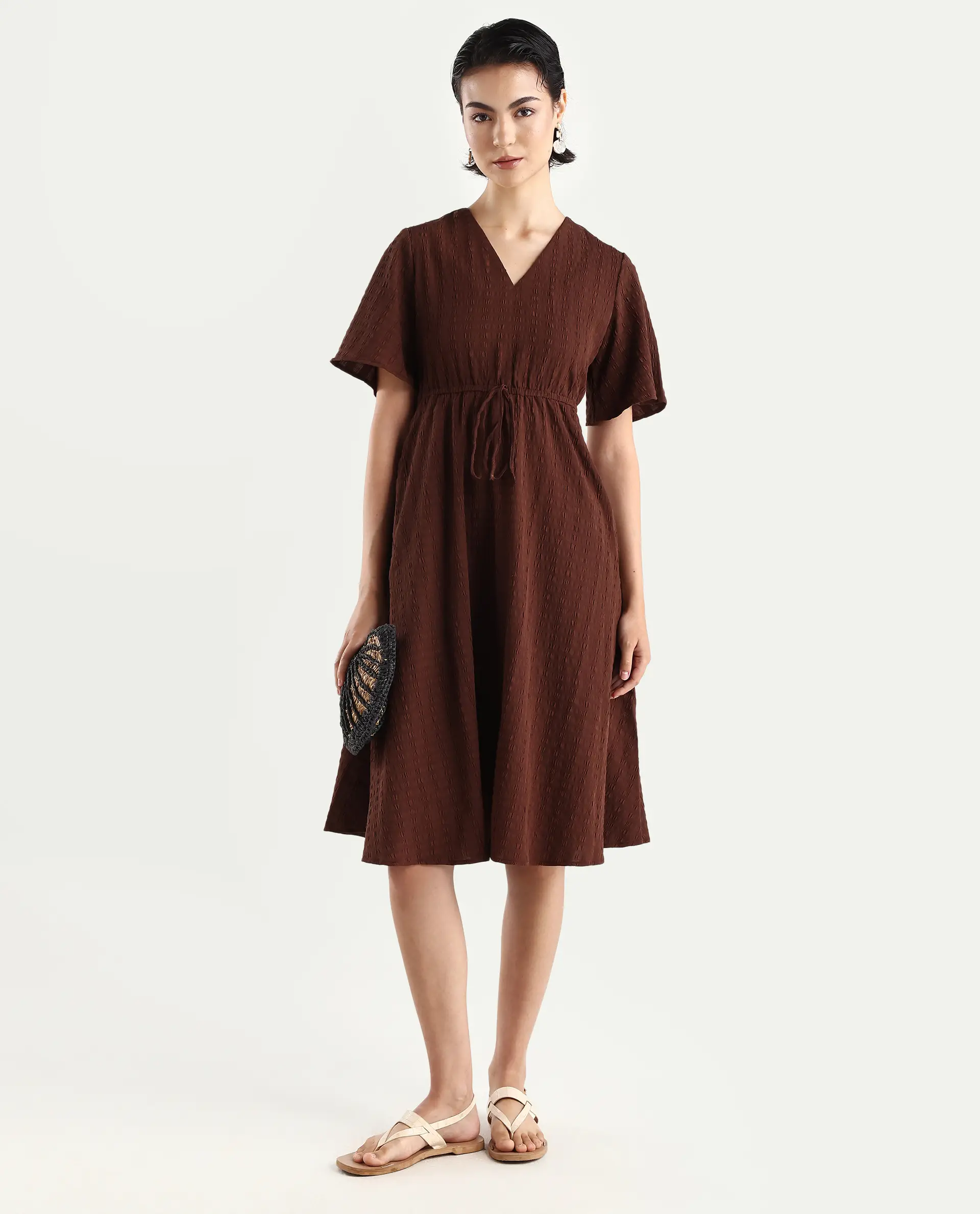 Rareism Women's Airin Rust Polyester Half Sleeve V-Neck Flared Dress - Image 2