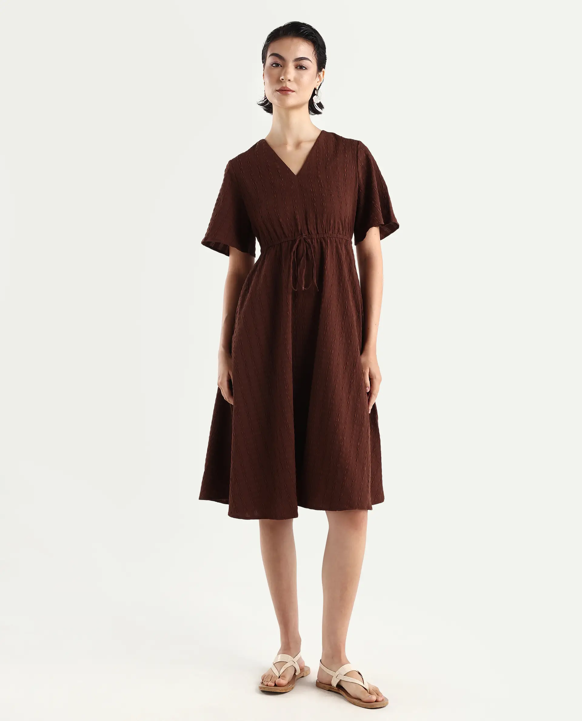 Rareism Women's Airin Rust Polyester Half Sleeve V-Neck Flared Dress - Image 3