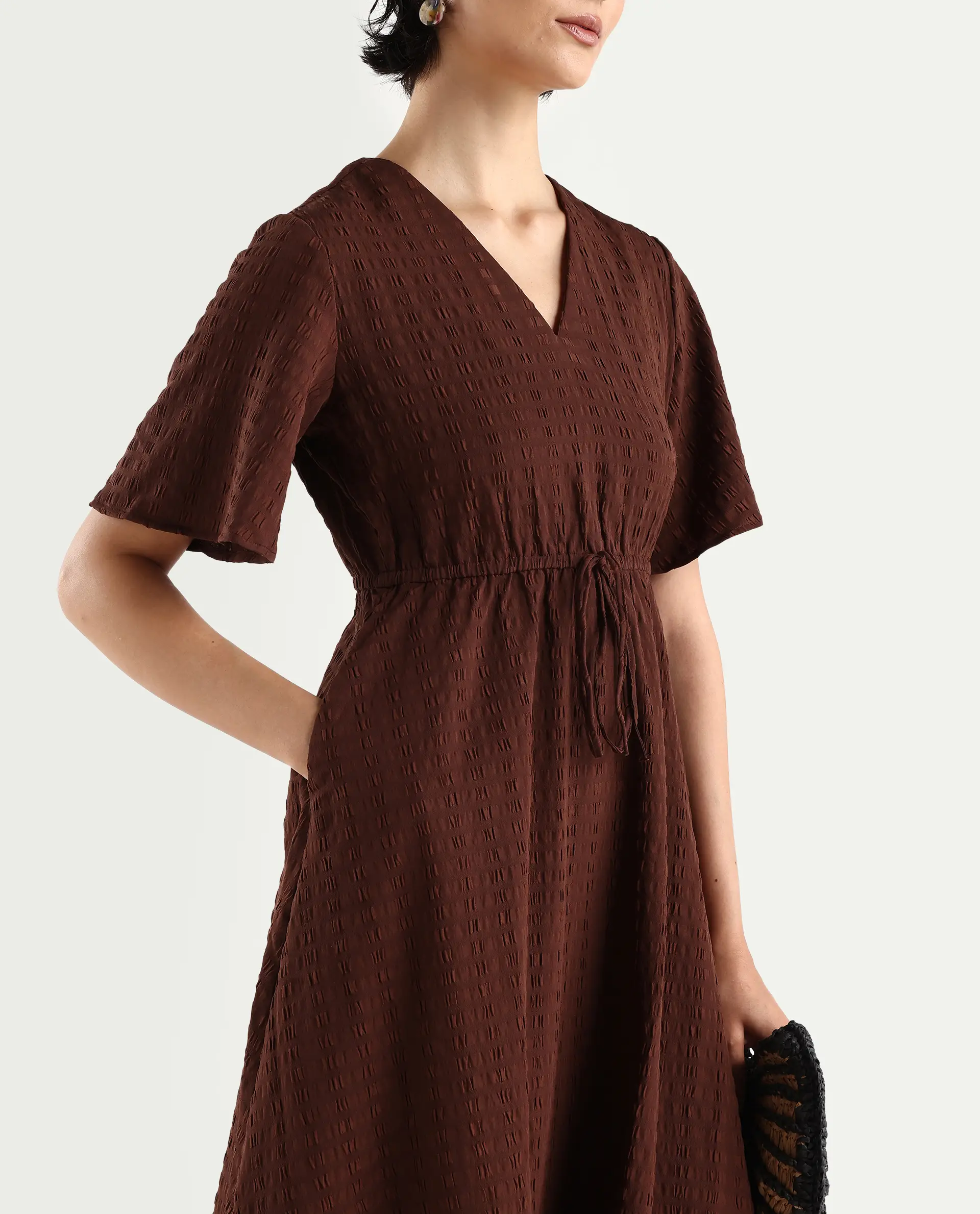 Rareism Women's Airin Rust Polyester Half Sleeve V-Neck Flared Dress - Image 4