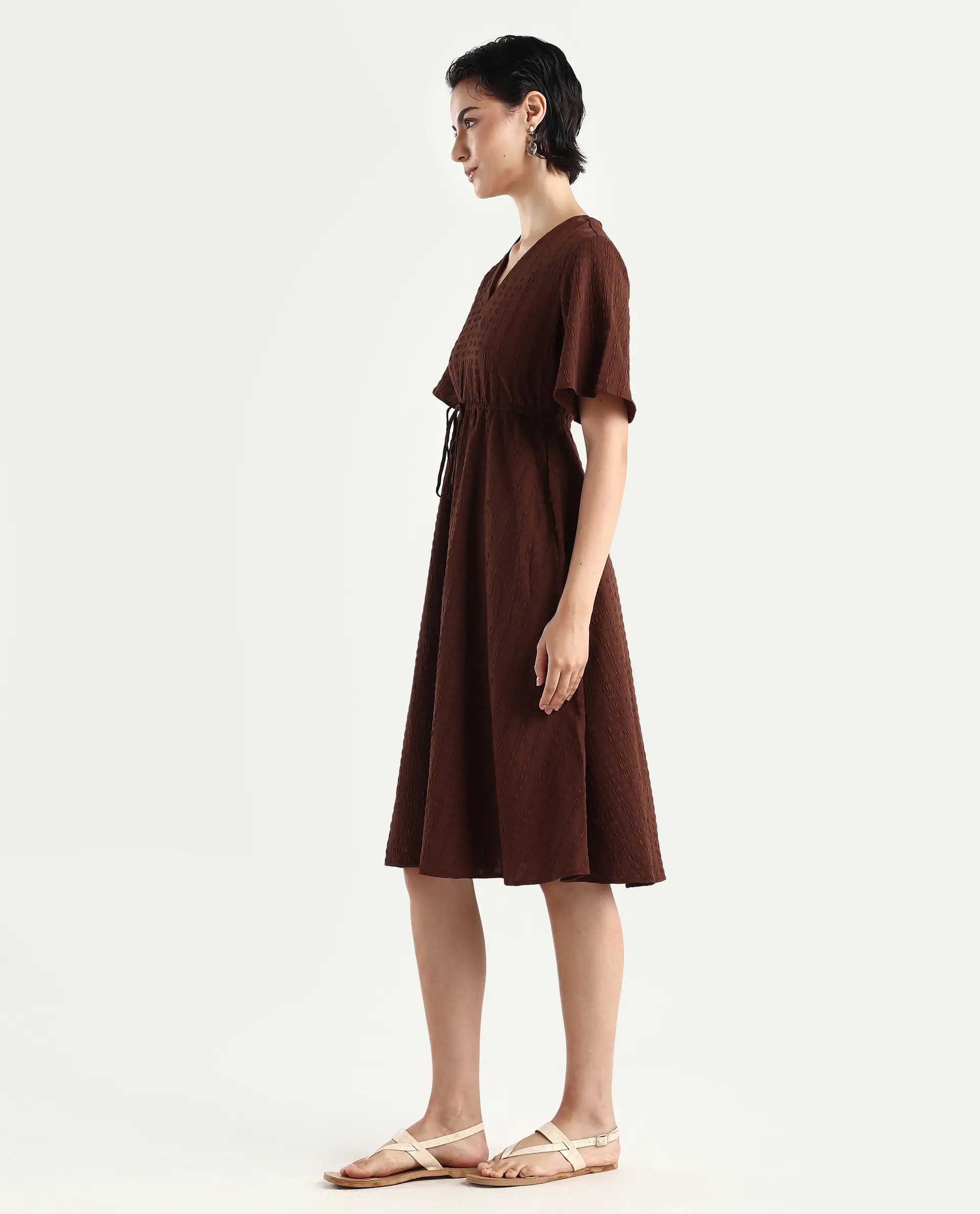 Rareism Women's Airin Rust Polyester Half Sleeve V-Neck Flared Dress - Image 5