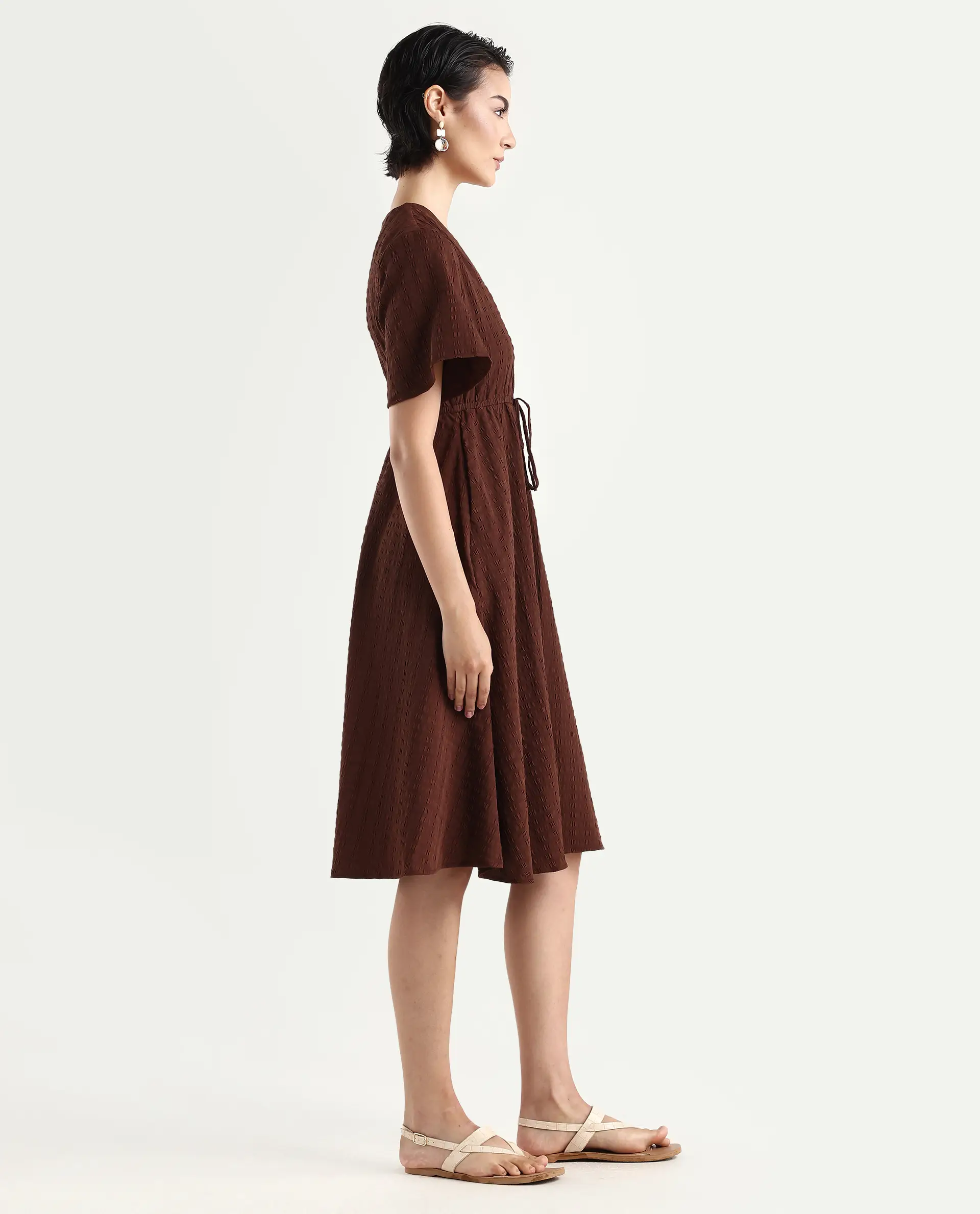 Rareism Women's Airin Rust Polyester Half Sleeve V-Neck Flared Dress - Image 6