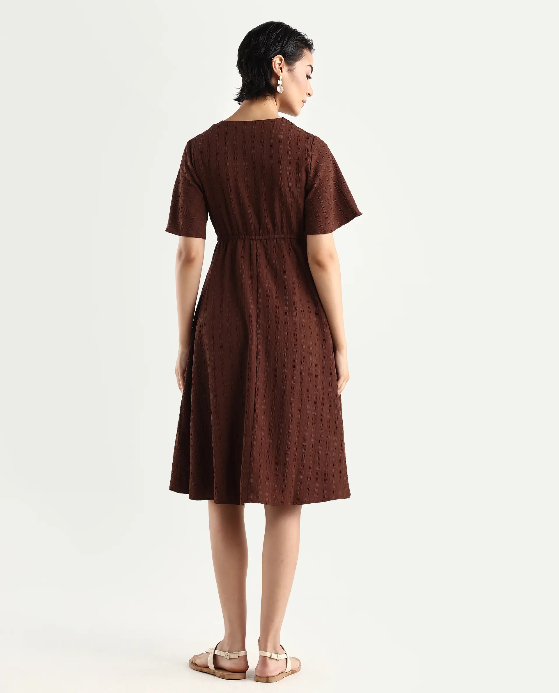 Rareism Women's Airin Rust Polyester Half Sleeve V-Neck Flared Dress - Image 7