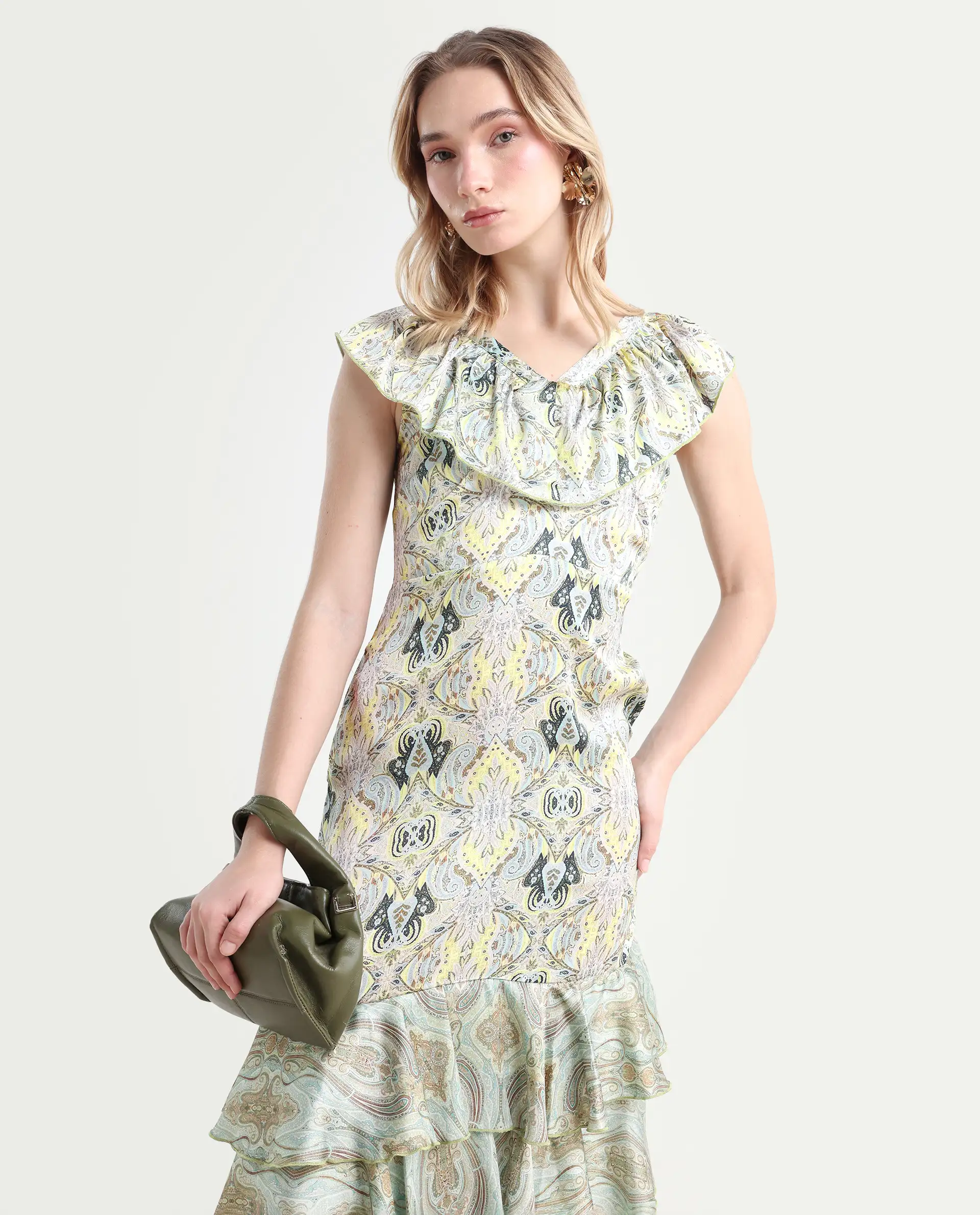Rareism Women's Aishia Offwhite Polyester Sweetheart Neck Paisley Print Sleeveless Midi Regular Fit Dress - Image 2