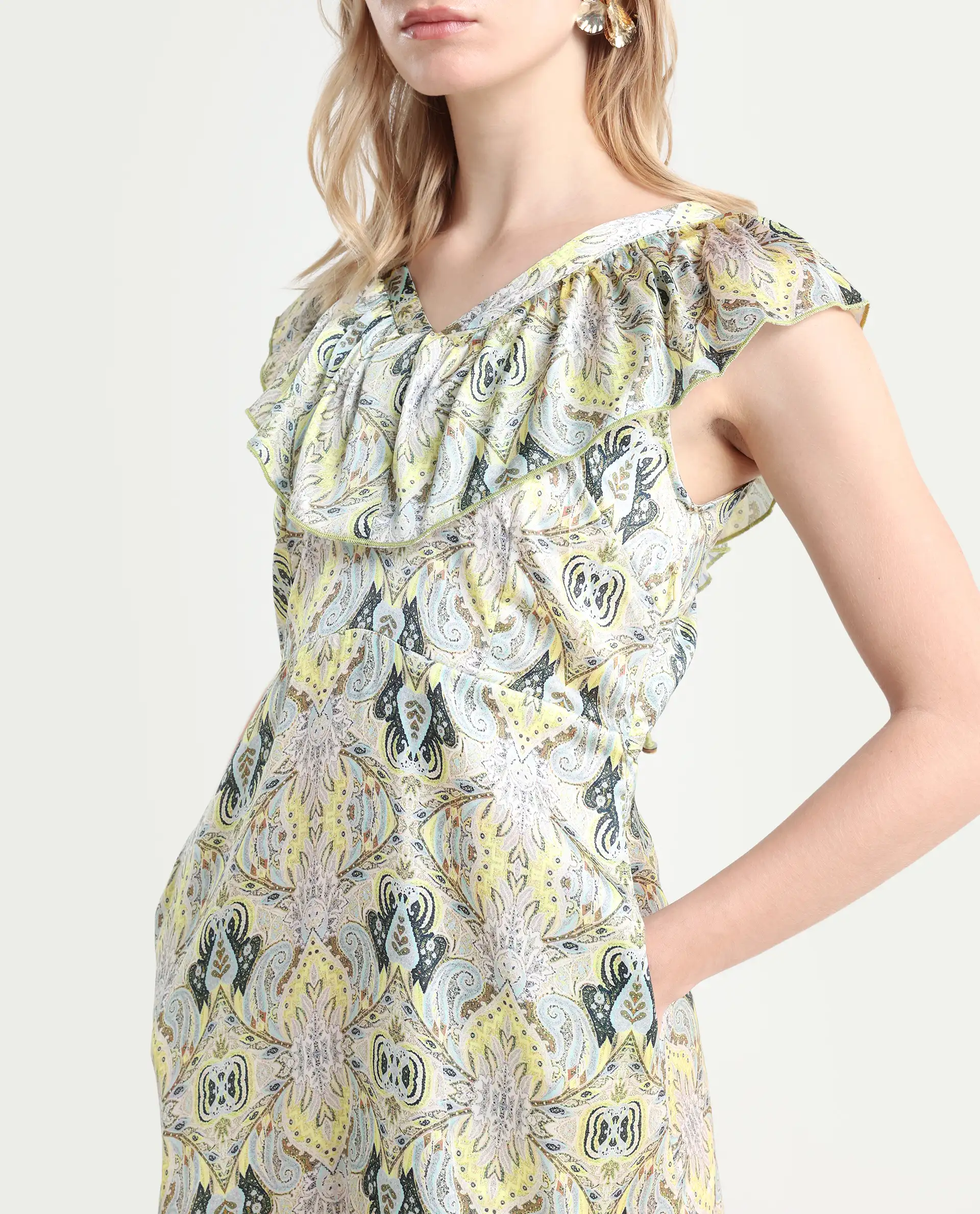 Rareism Women's Aishia Offwhite Polyester Sweetheart Neck Paisley Print Sleeveless Midi Regular Fit Dress - Image 6