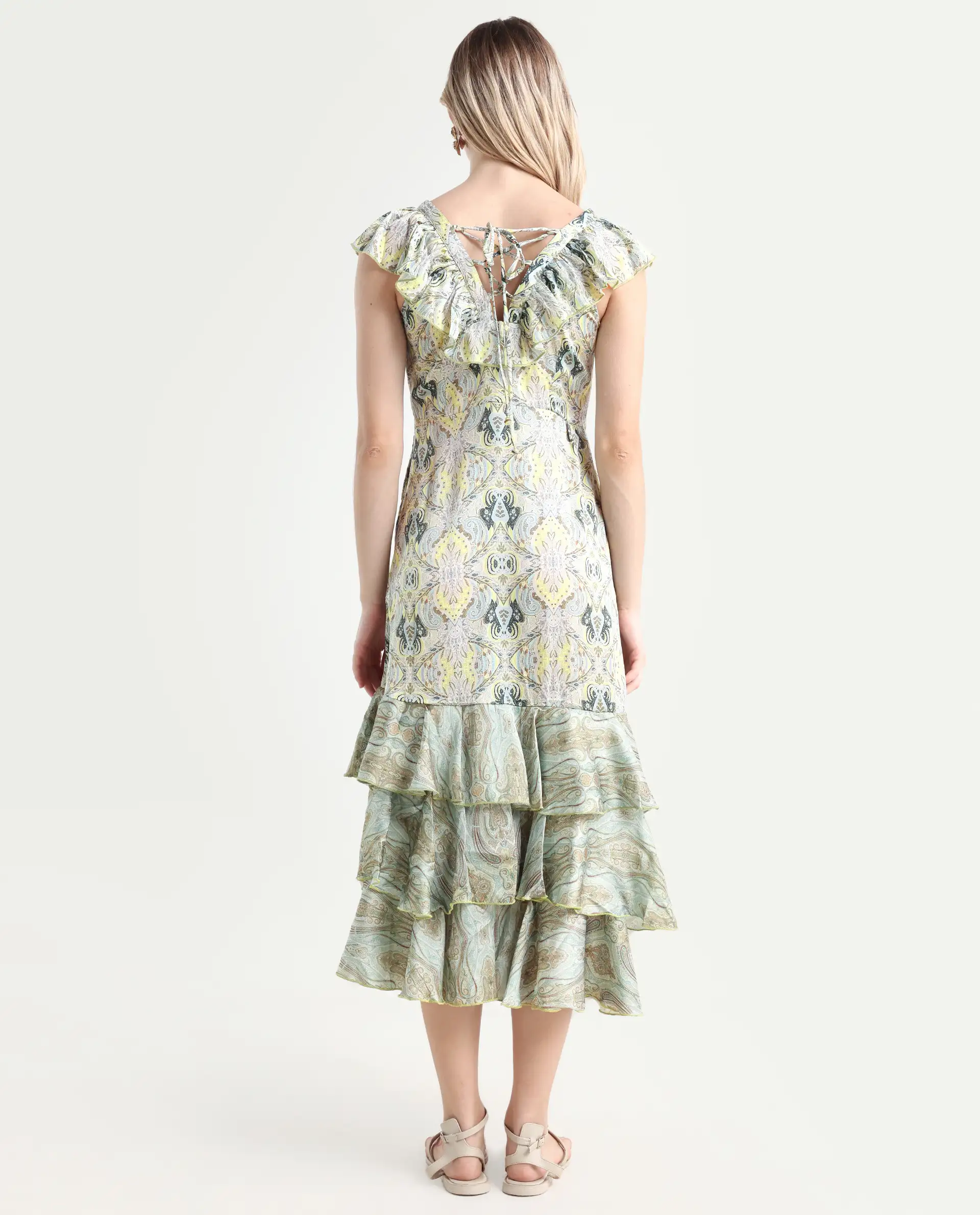 Rareism Women's Aishia Offwhite Polyester Sweetheart Neck Paisley Print Sleeveless Midi Regular Fit Dress - Image 7