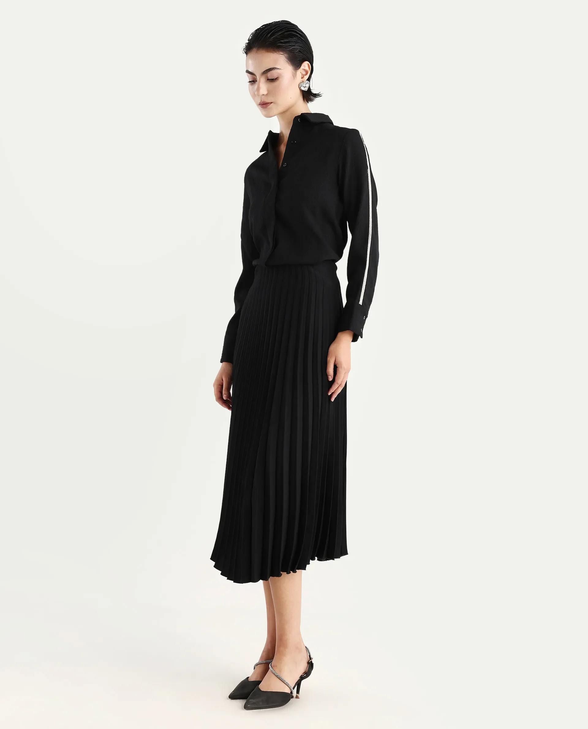 Rareism Women's Aivva Black Satin Drop Collar Dyed Cuffed Sleeve Regular Fit Shirt - Image 2