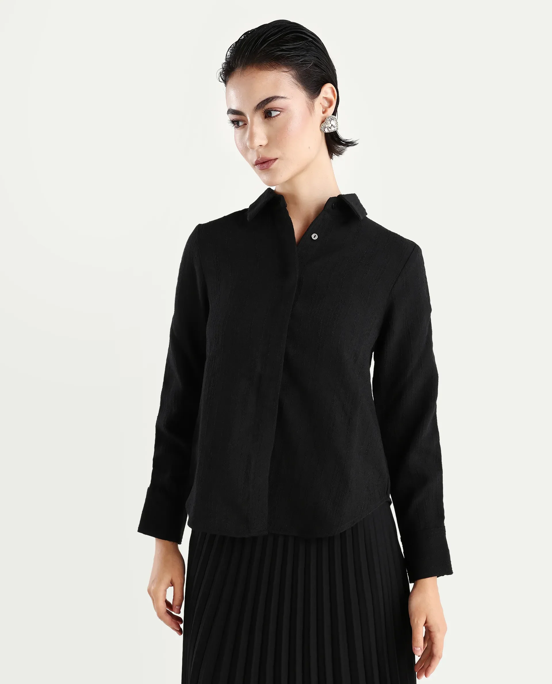 Rareism Women's Aivva Black Satin Drop Collar Dyed Cuffed Sleeve Regular Fit Shirt - Image 3