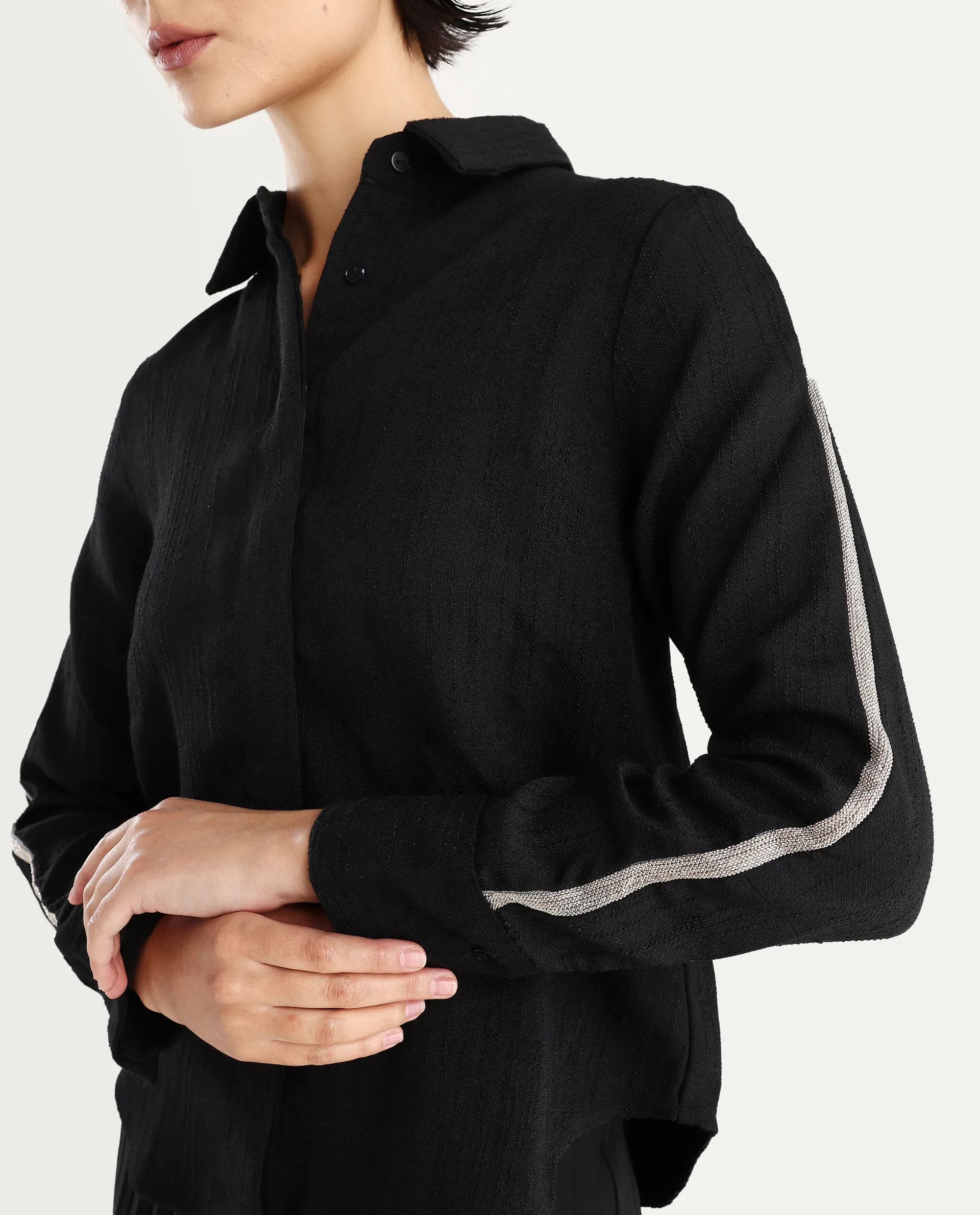 Rareism Women's Aivva Black Satin Drop Collar Dyed Cuffed Sleeve Regular Fit Shirt - Image 4