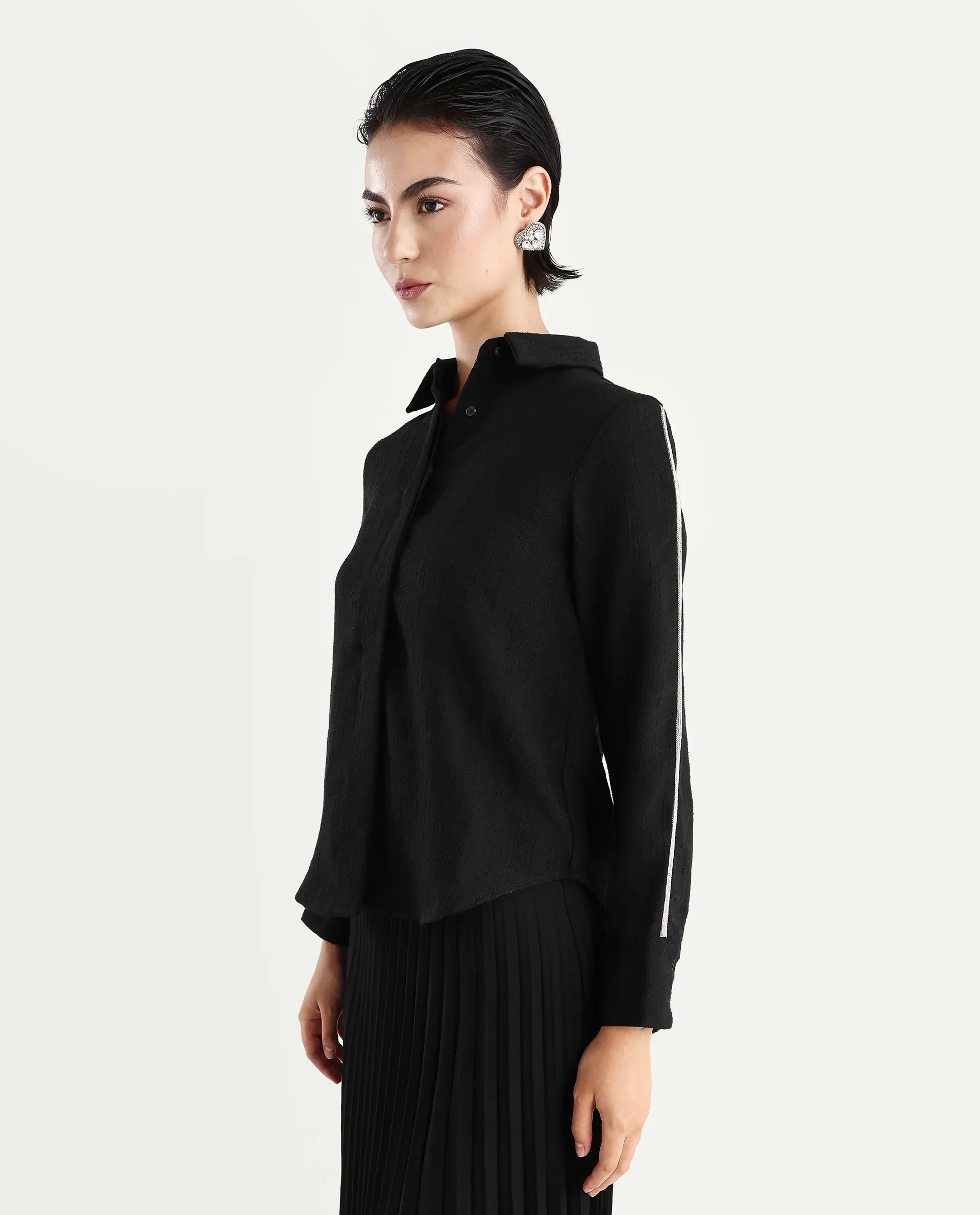 Rareism Women's Aivva Black Satin Drop Collar Dyed Cuffed Sleeve Regular Fit Shirt - Image 5