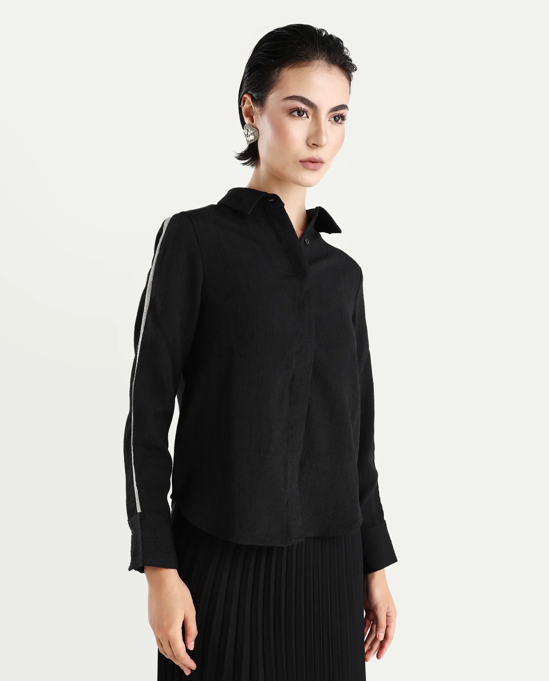 Rareism Women's Aivva Black Satin Drop Collar Dyed Cuffed Sleeve Regular Fit Shirt - Image 6