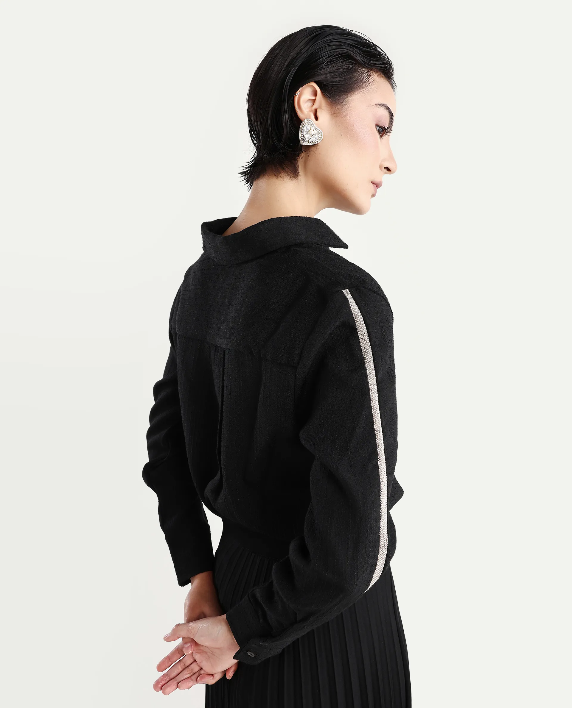Rareism Women's Aivva Black Satin Drop Collar Dyed Cuffed Sleeve Regular Fit Shirt - Image 7