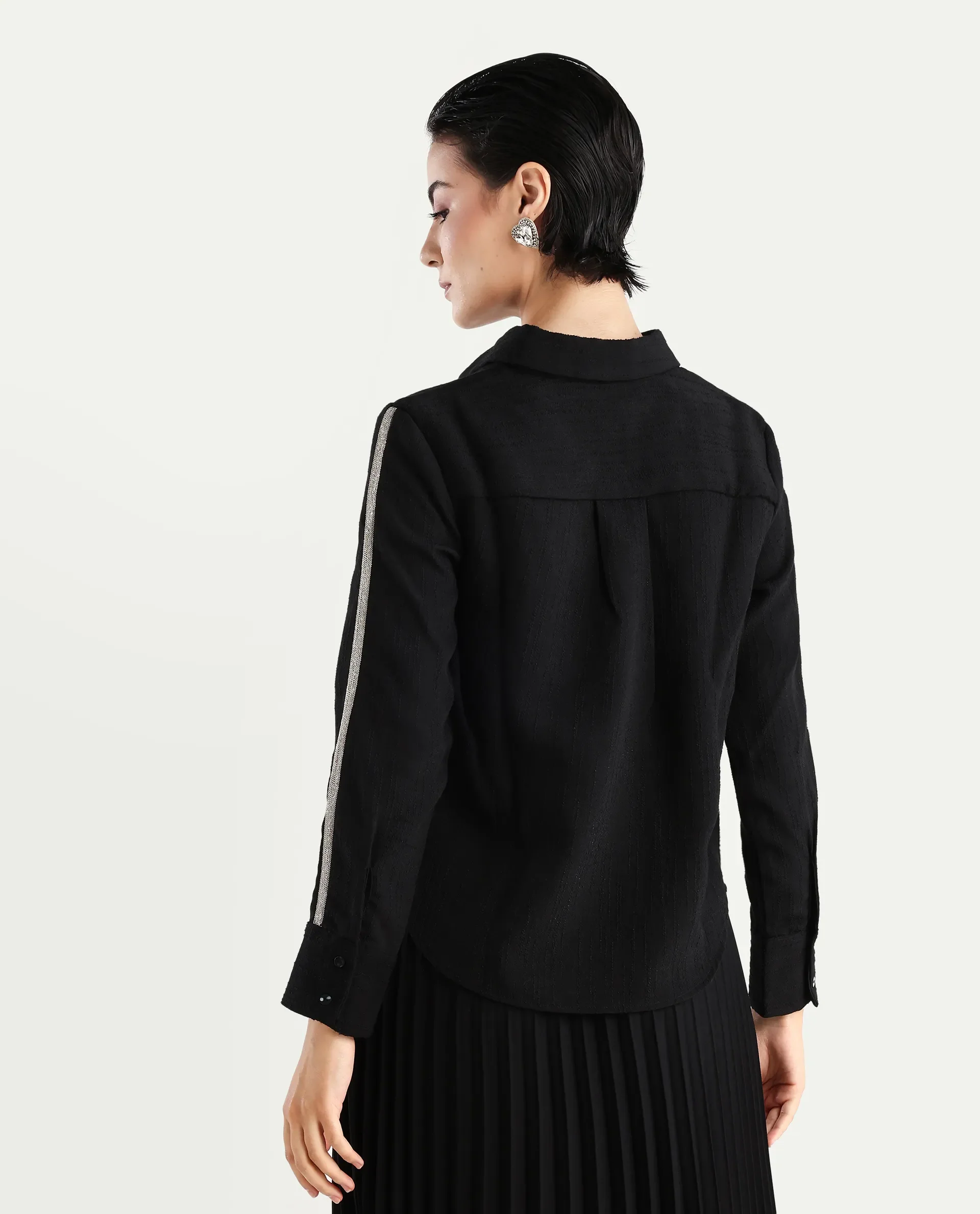 Rareism Women's Aivva Black Satin Drop Collar Dyed Cuffed Sleeve Regular Fit Shirt - Image 8