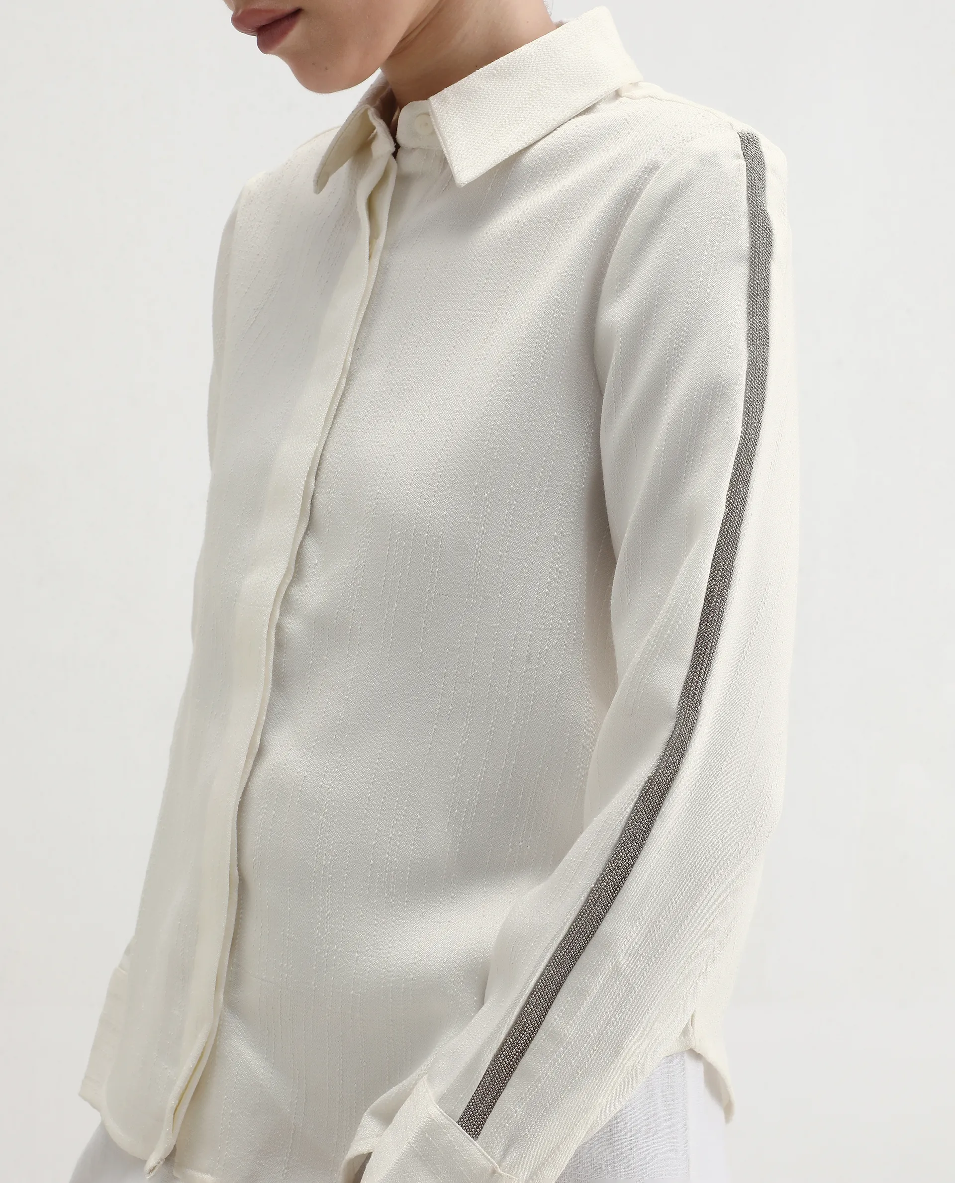 Rareism Women's Aivva White Satin Drop Collar Dyed Cuffed Sleeve Regular Fit Shirt - Image 3