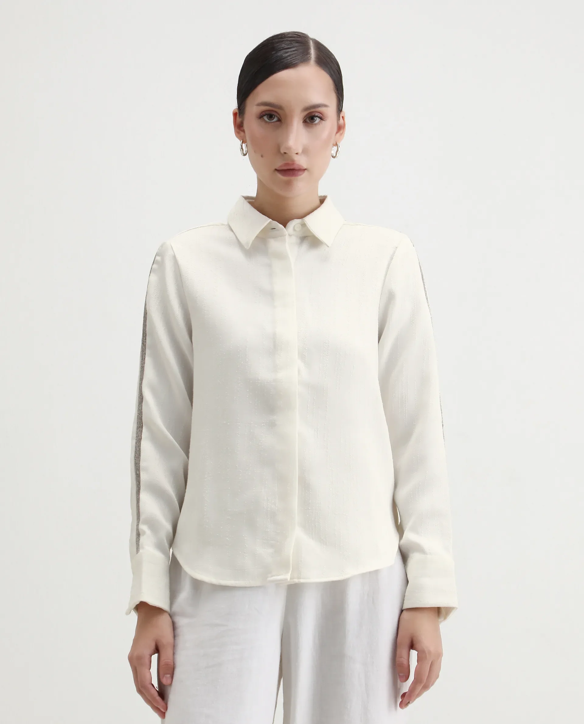 Rareism Women's Aivva White Satin Drop Collar Dyed Cuffed Sleeve Regular Fit Shirt - Image 4