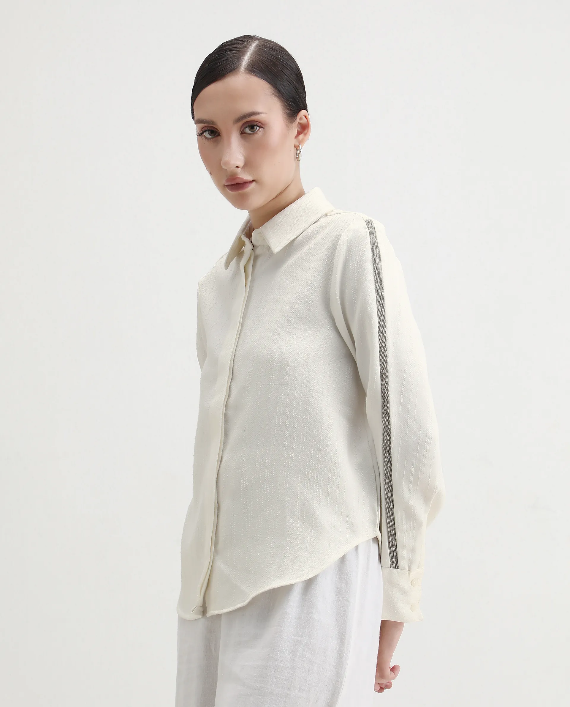 Rareism Women's Aivva White Satin Drop Collar Dyed Cuffed Sleeve Regular Fit Shirt - Image 5