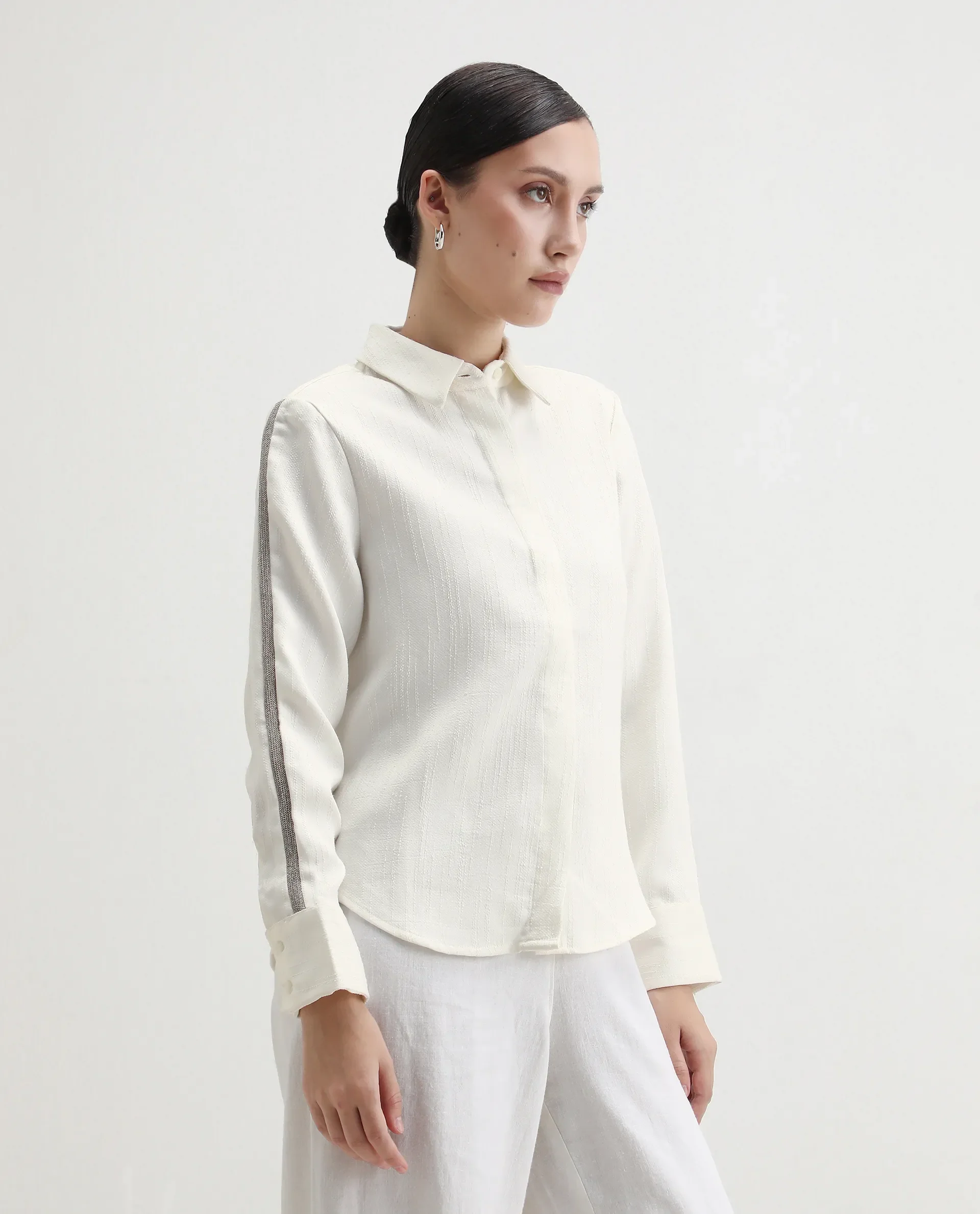 Rareism Women's Aivva White Satin Drop Collar Dyed Cuffed Sleeve Regular Fit Shirt - Image 6