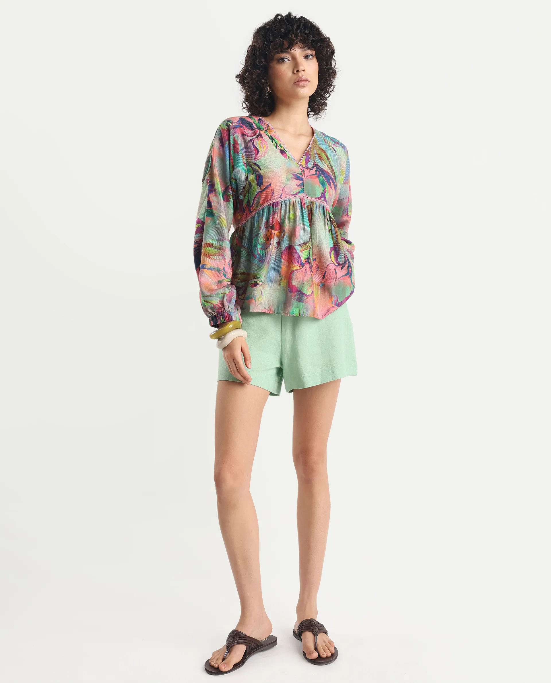 Rareism Women's Ajax Multi Viscose Blend V-Neck Floral Print Bishop Sleeve Regular Fit Top - Image 2